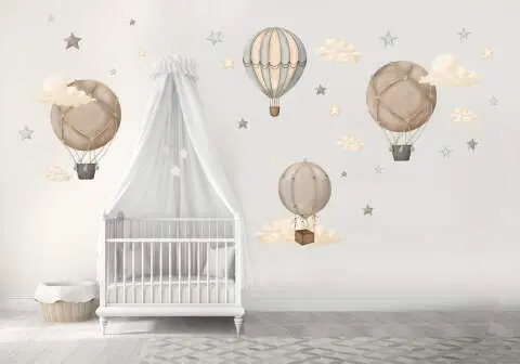 WandSticker4U® - Vintage muursticker vliegtuig & hete luchtballon blauw I muurschilderingen: 82 x 71 cm I Muurstickers tieners Teegenar jongen aquarel I muursticker kinderkamer decoratie jongens