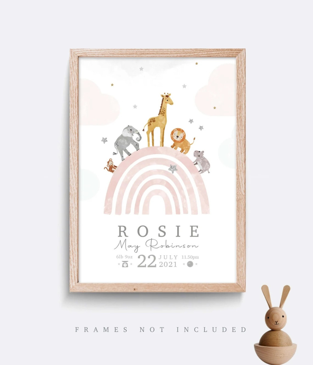 Poster - Geboorteposter - Wilde dieren en regenboog / Gepersonaliseerd