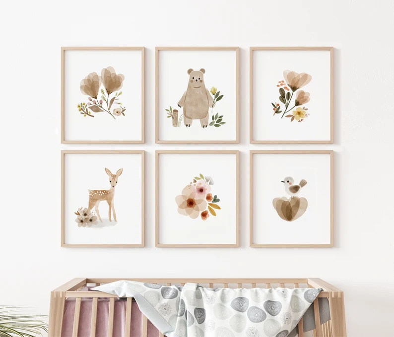 Affiches - Boho-Kunst / Beer en Bloemen / Set van 6