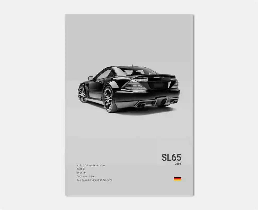 Affiche - Luxe zwart-witte sportwagen / SL 65 2008 / Grijs