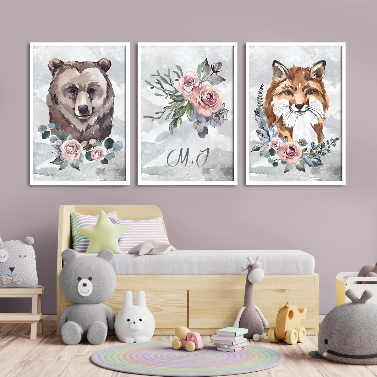 Posters - Beer en Vos met bloemen / Set van 3