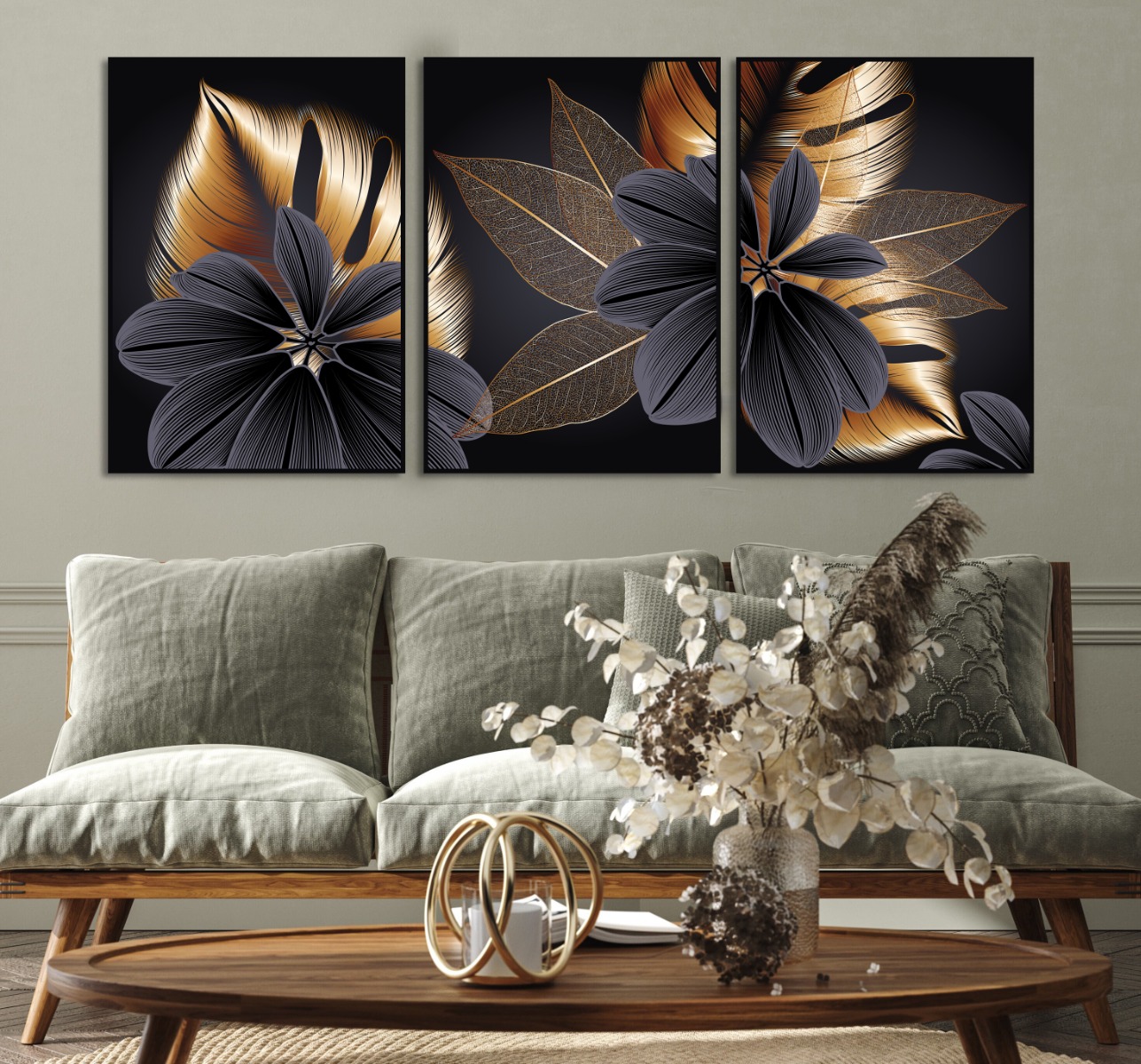 Posters - Gouden bloemen en bladeren / Set van 3
