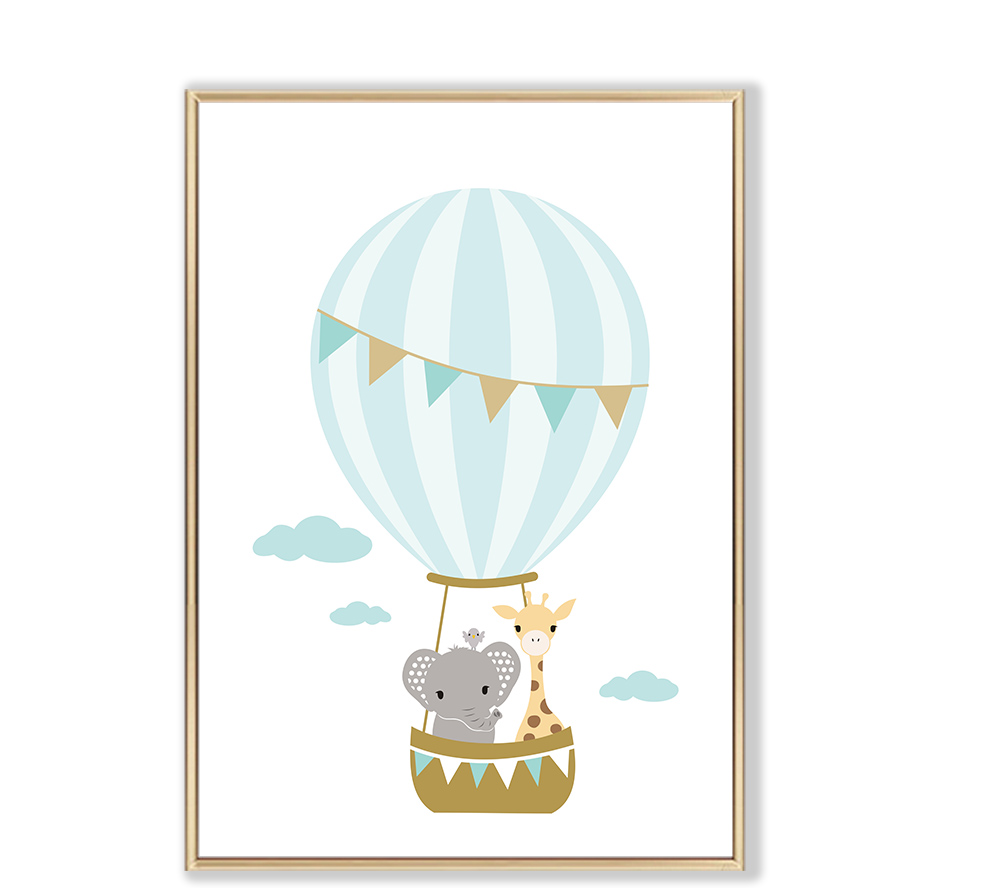 Affiches - Dieren in blauwe heteluchtballon