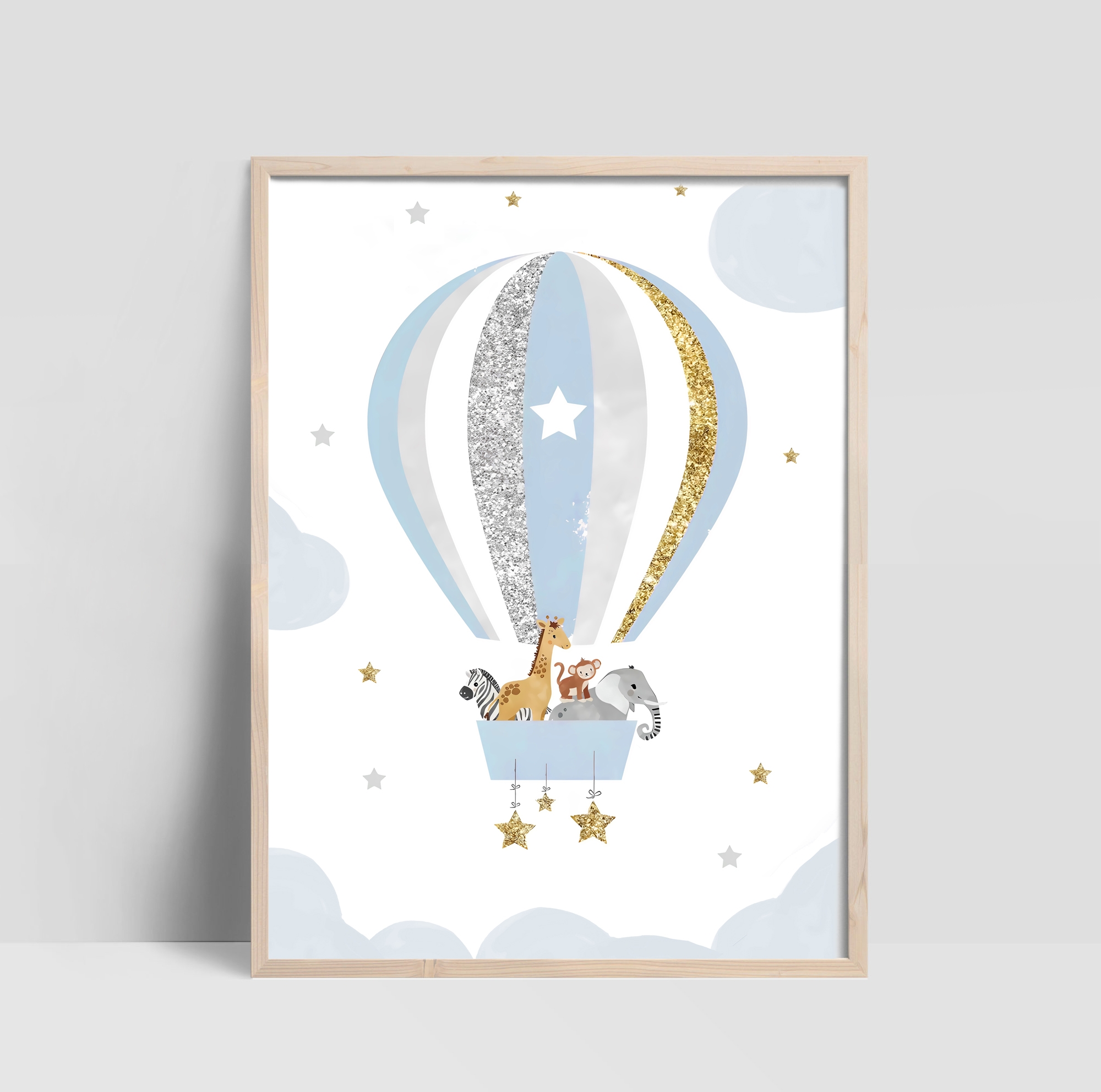 Poster - Dieren in Heteluchtballon / Blauw