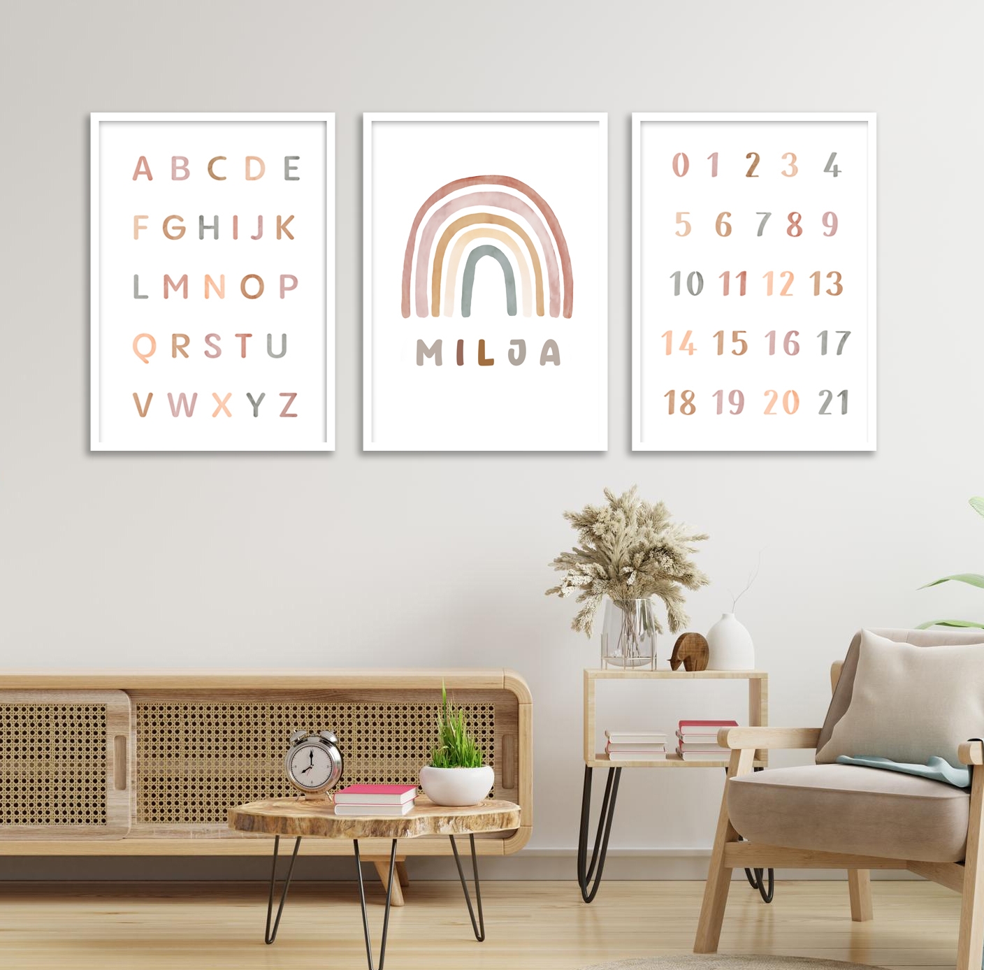 Poster - Regenboog, Cijfers, Alfabetten / Aangepaste tekst / Set van 3