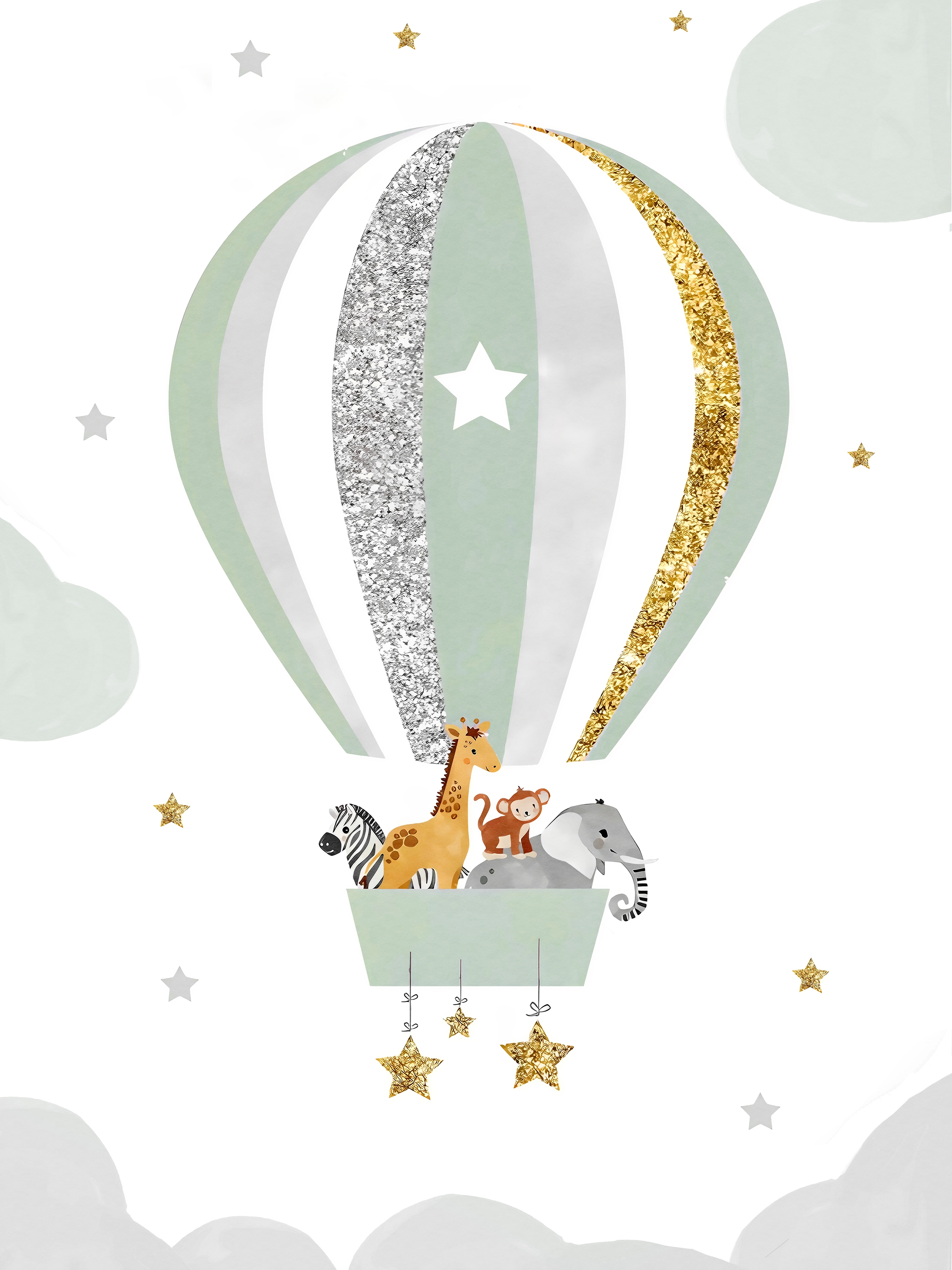 Poster - Dieren in heteluchtballon / Pastelgroen