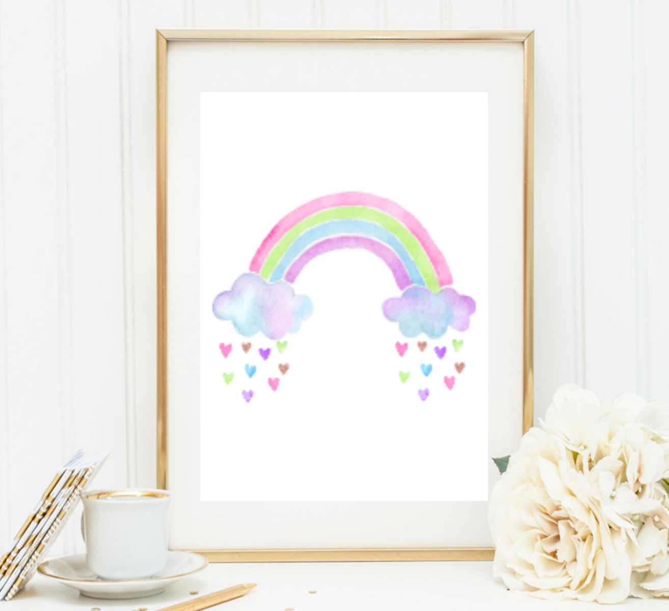 Poster - Veelkleurige harten en Regenboog