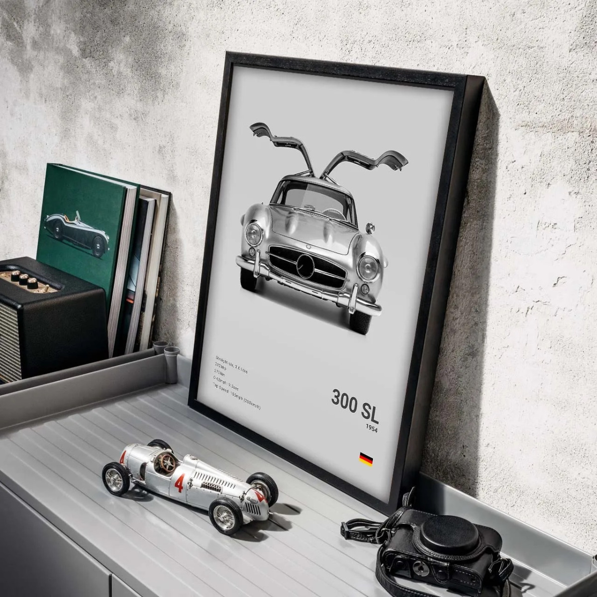 Affiche - Luxe zwart-witte sportwagen / 300 SL 1954