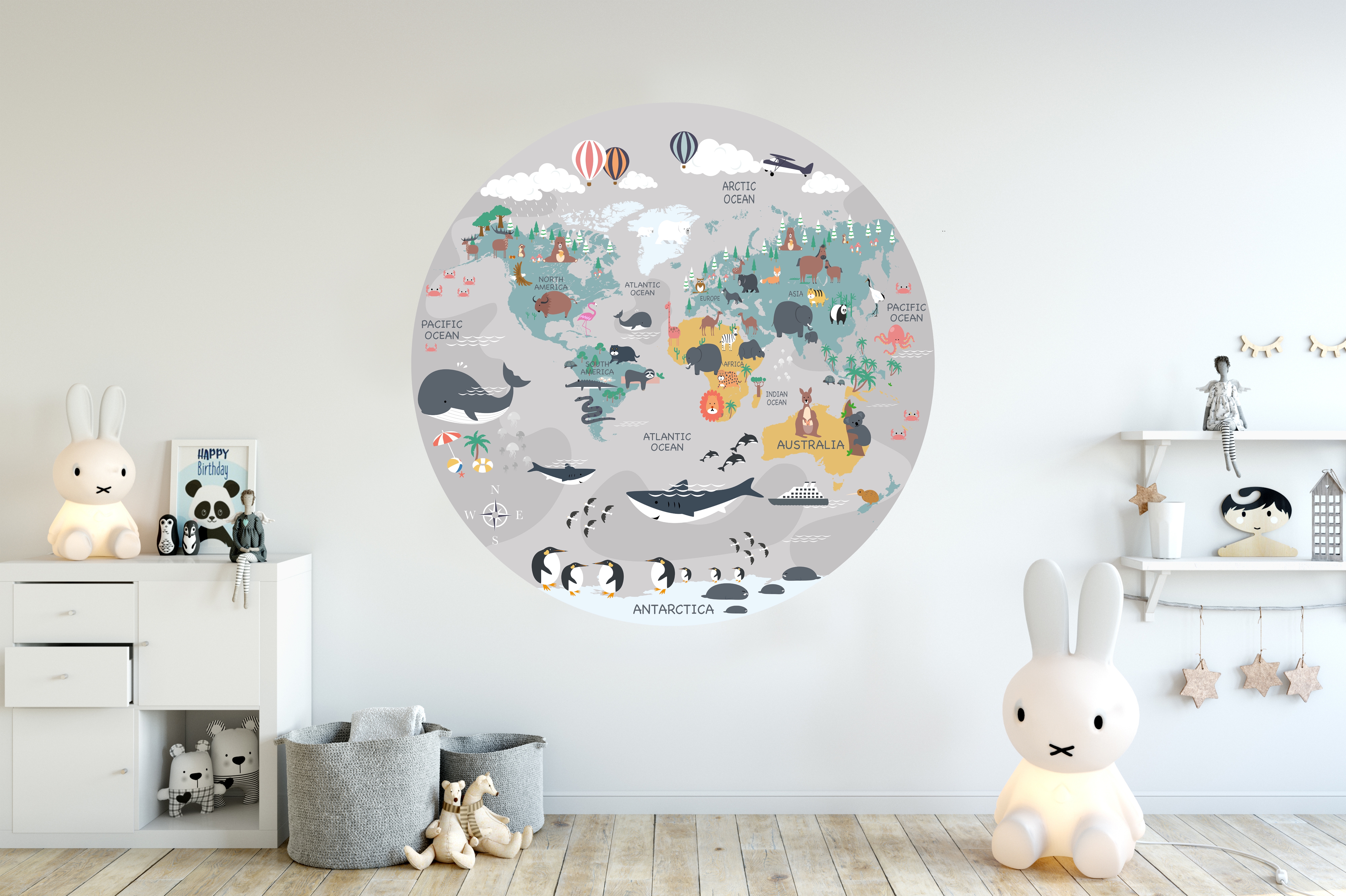Muurstickers - Wereldkaart / Luchtballonnen en PinguΓ―ns / Cirkel