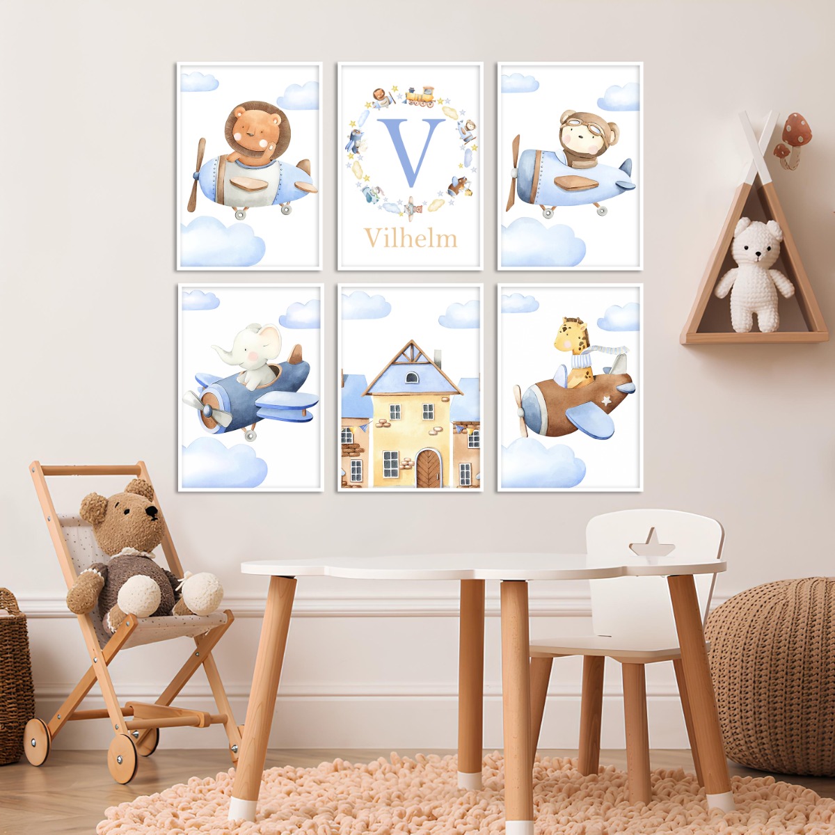 Posters - Dieren in het vliegtuig / gepersonaliseerd / Set van 6
