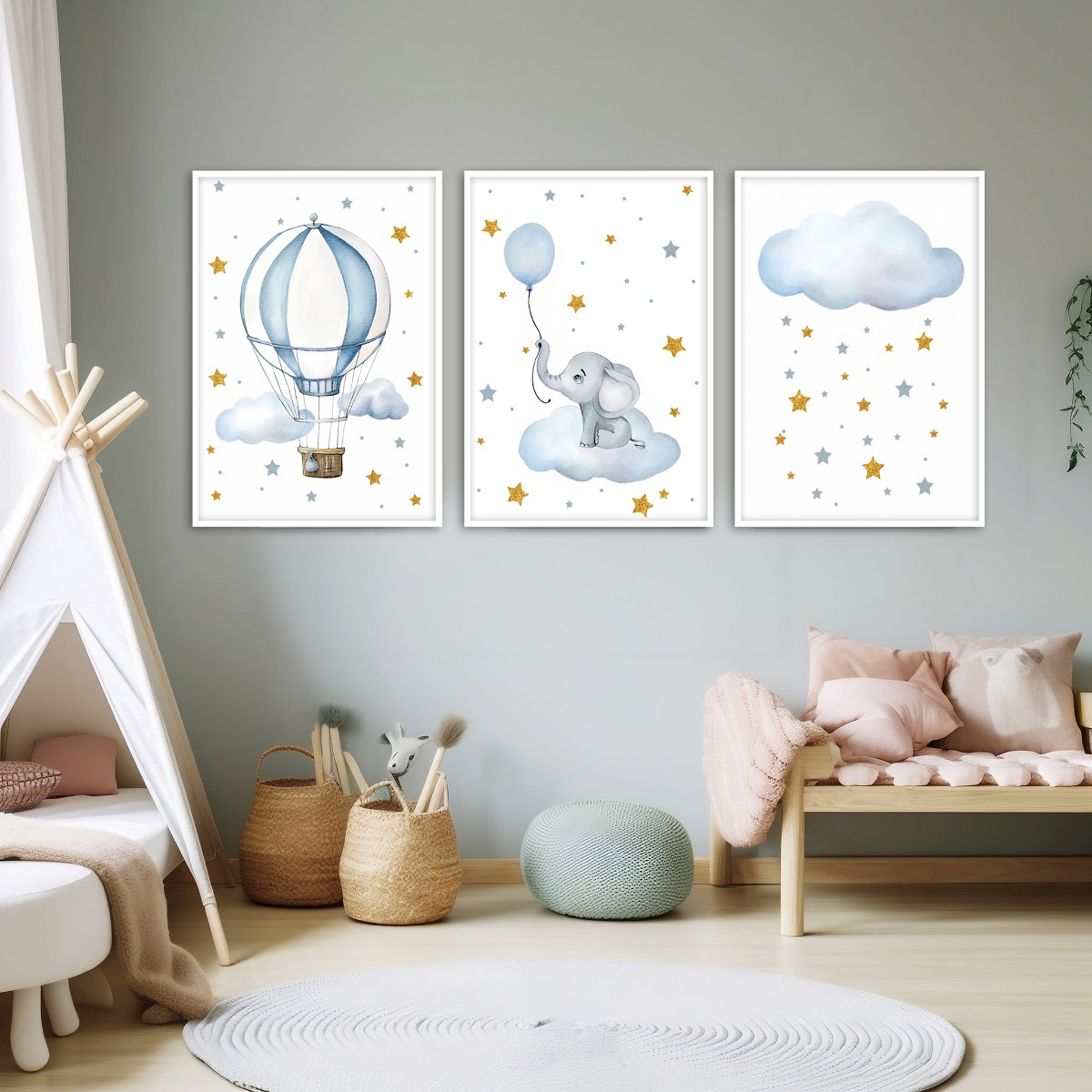 Posters - Wolken Heteluchtballon en Olifant / Set van 3