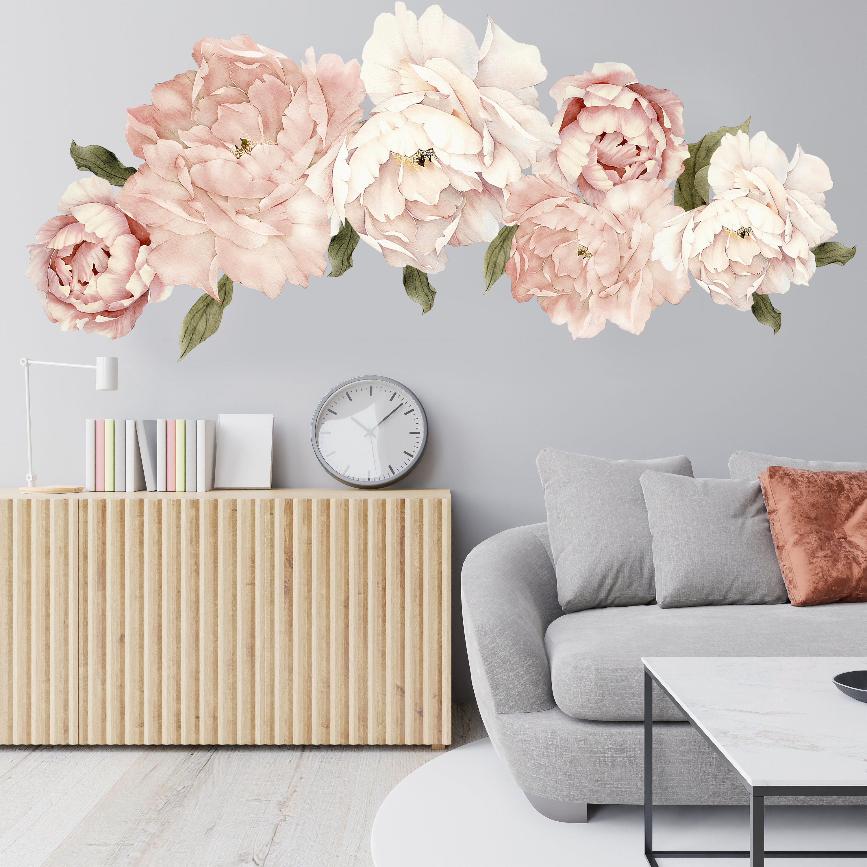 Muursticker - Roze pioen bloemen met groene bladeren