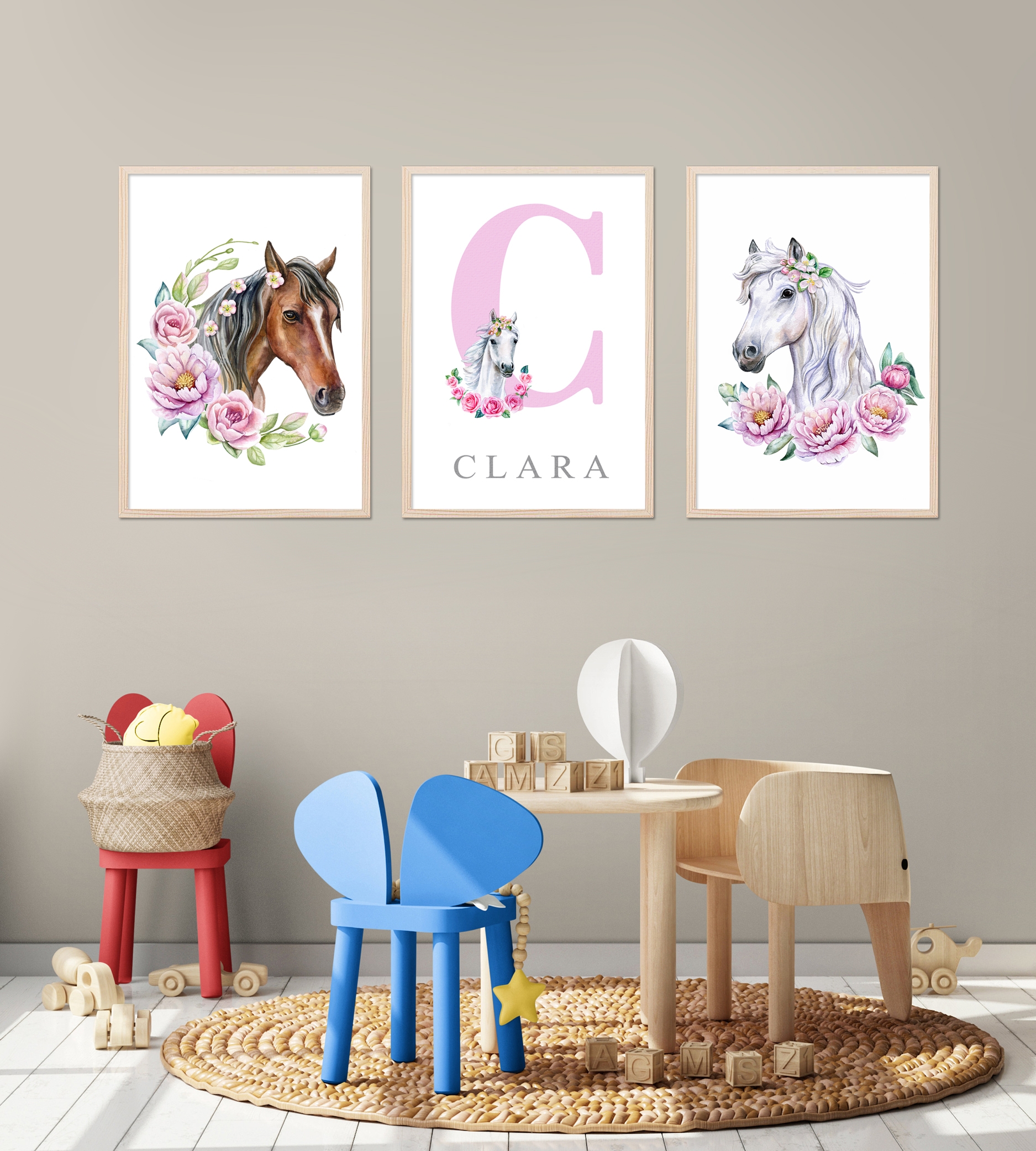 Posters - Paard met Bloemen / Gepersonaliseerd / Set van 3
