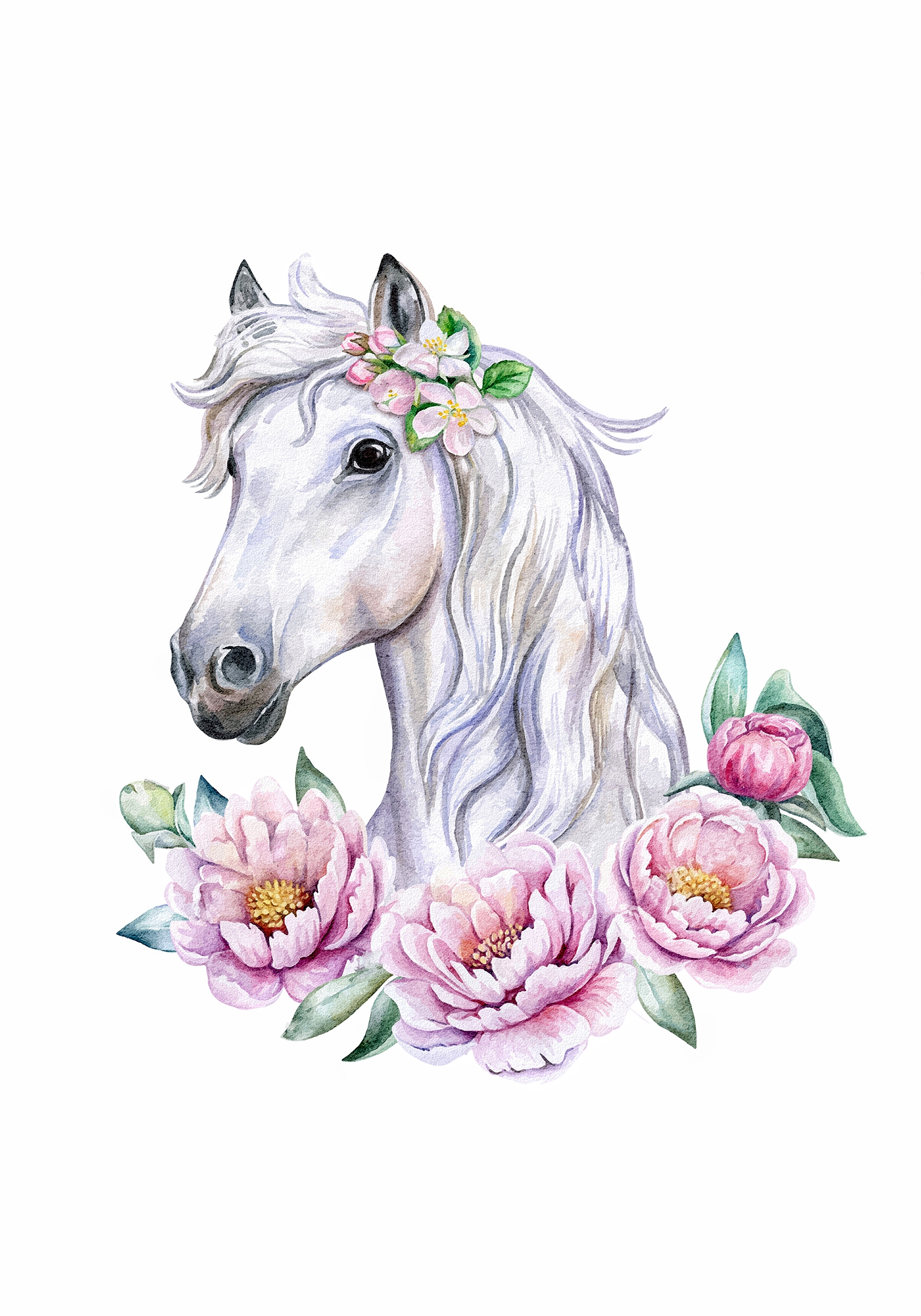 Poster - Wit Paard met Bloemen