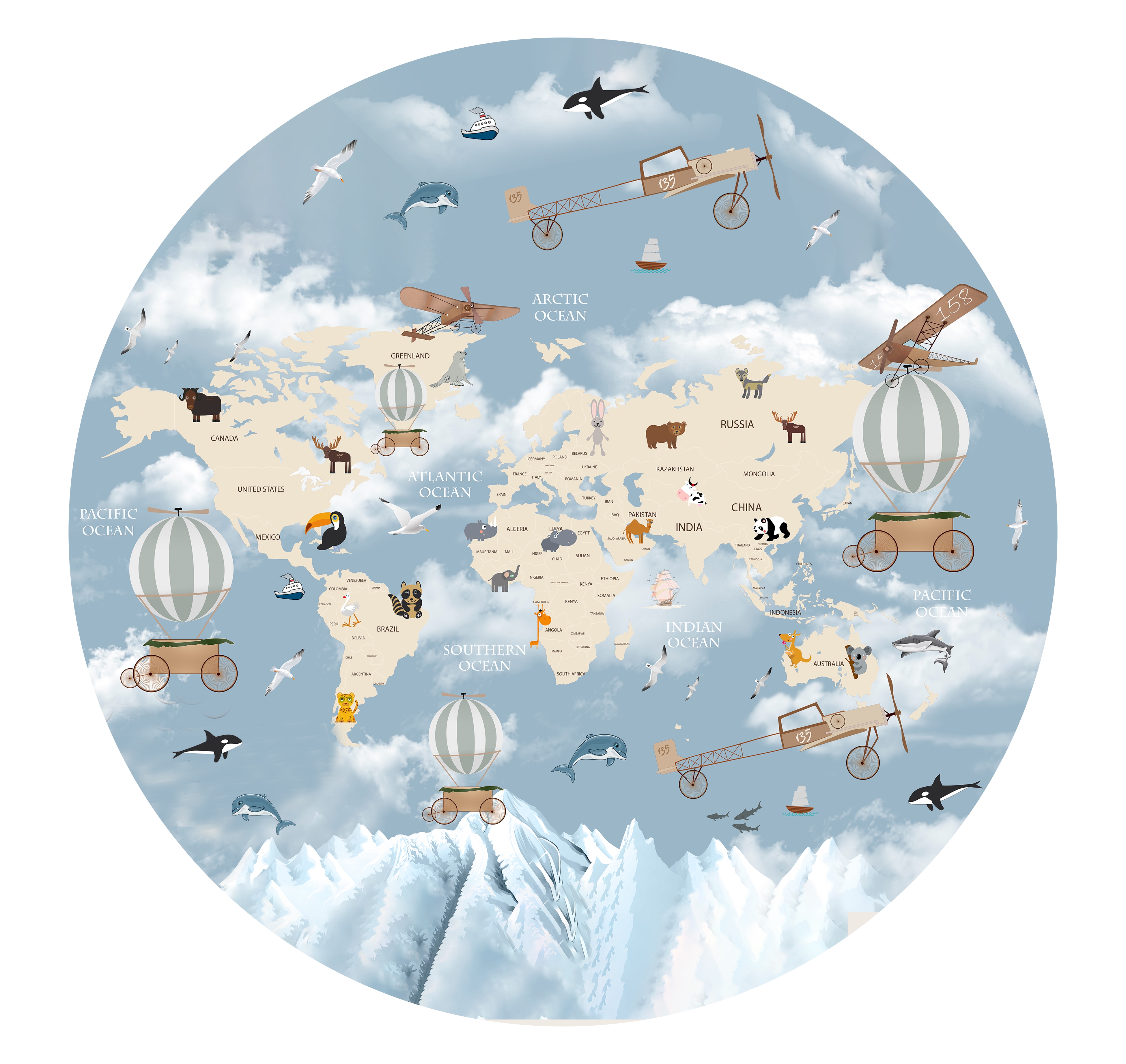 Muursticker - Wereldkaart / Luchtballonnen / Cirkel