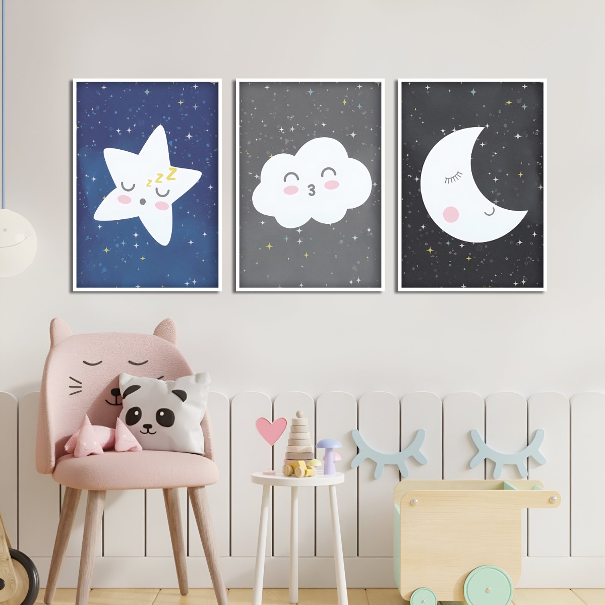 Posters - Kinderkamer kunst / Wolk, ster, maan / Set van 3