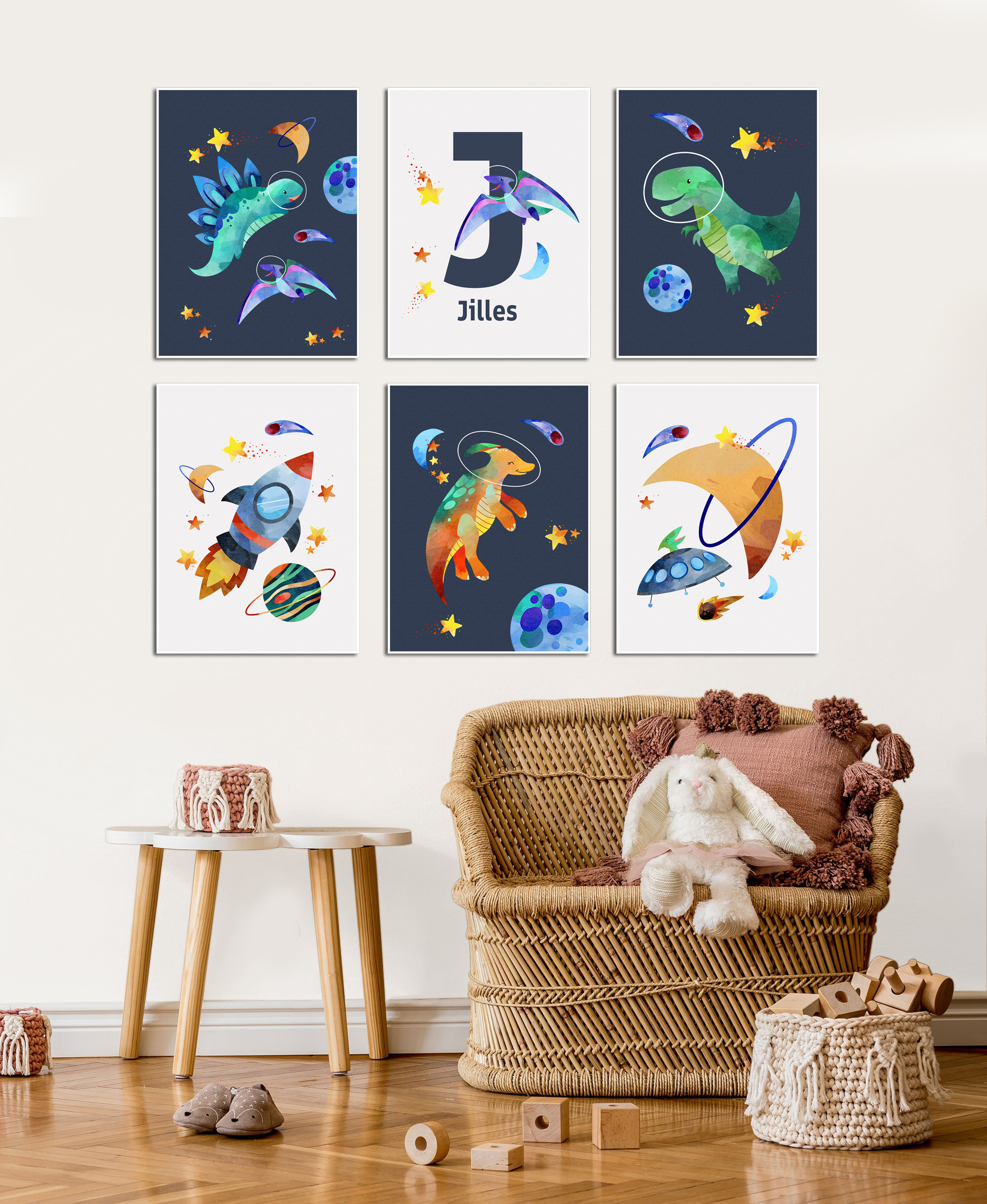 Affiches - Dinosaurus en Ruimte / Gepersonaliseerd / Set van 6