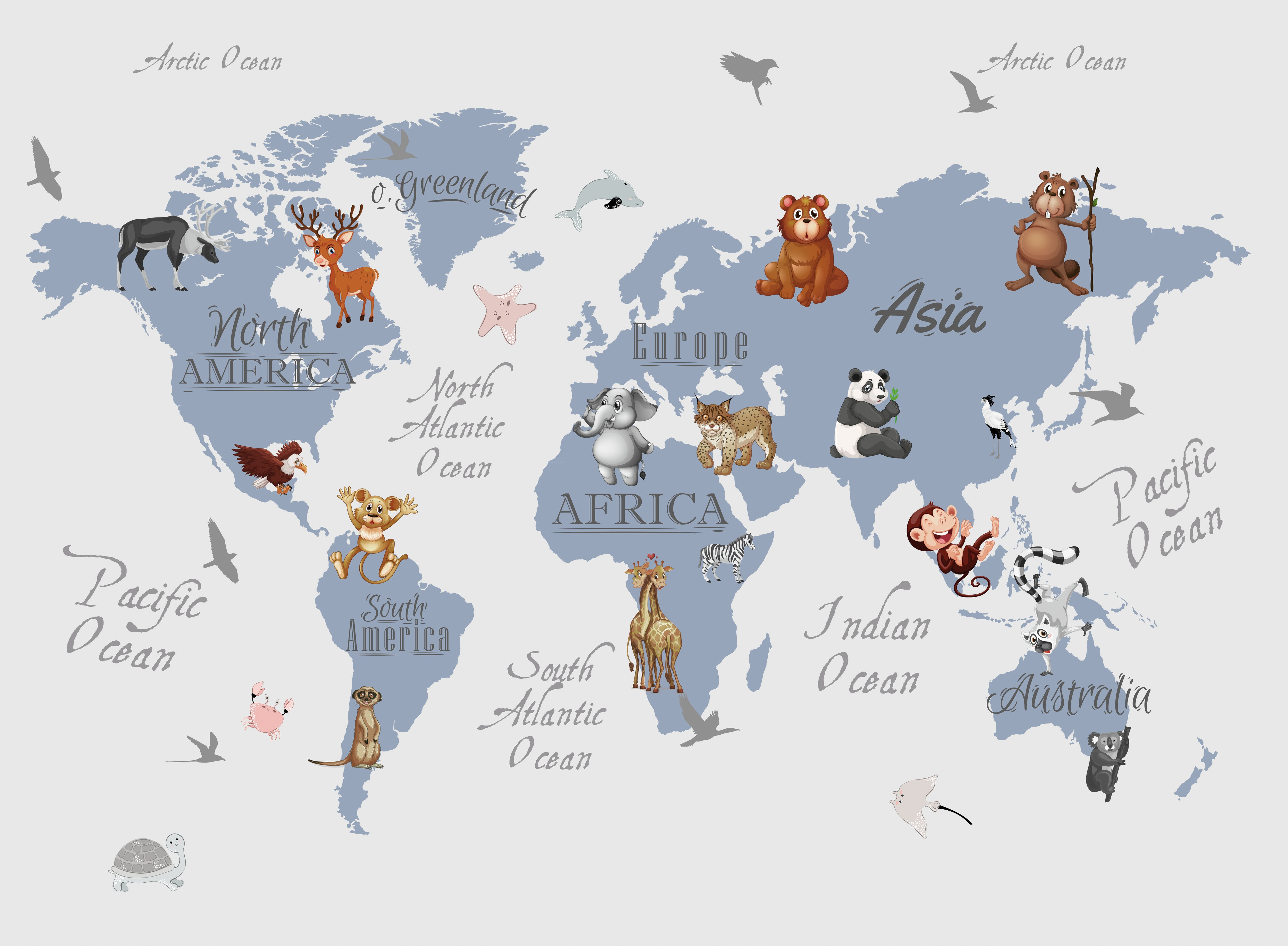 Muursticker - Wereldkaart / Vogels en Dieren