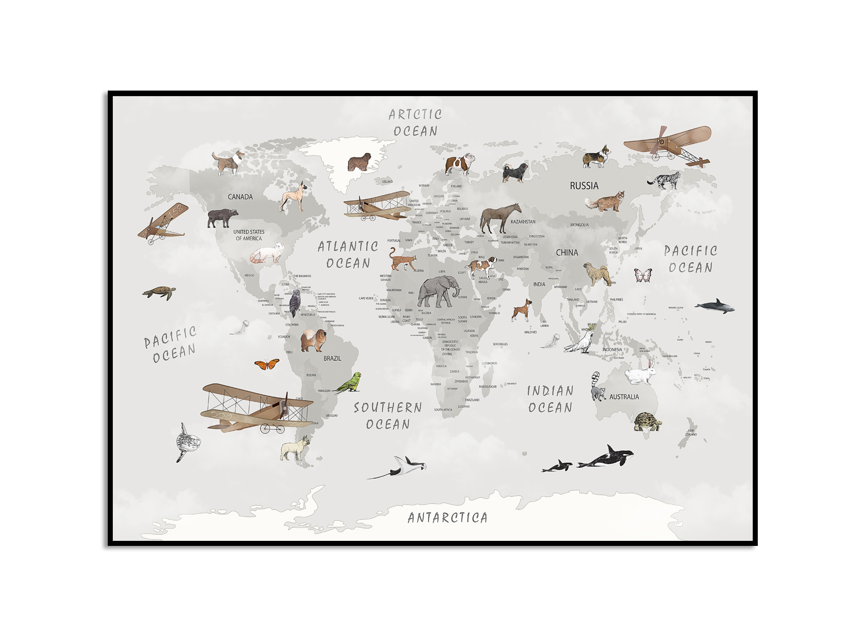Affiche - Wereldkaart / Tweedekkers en dieren
