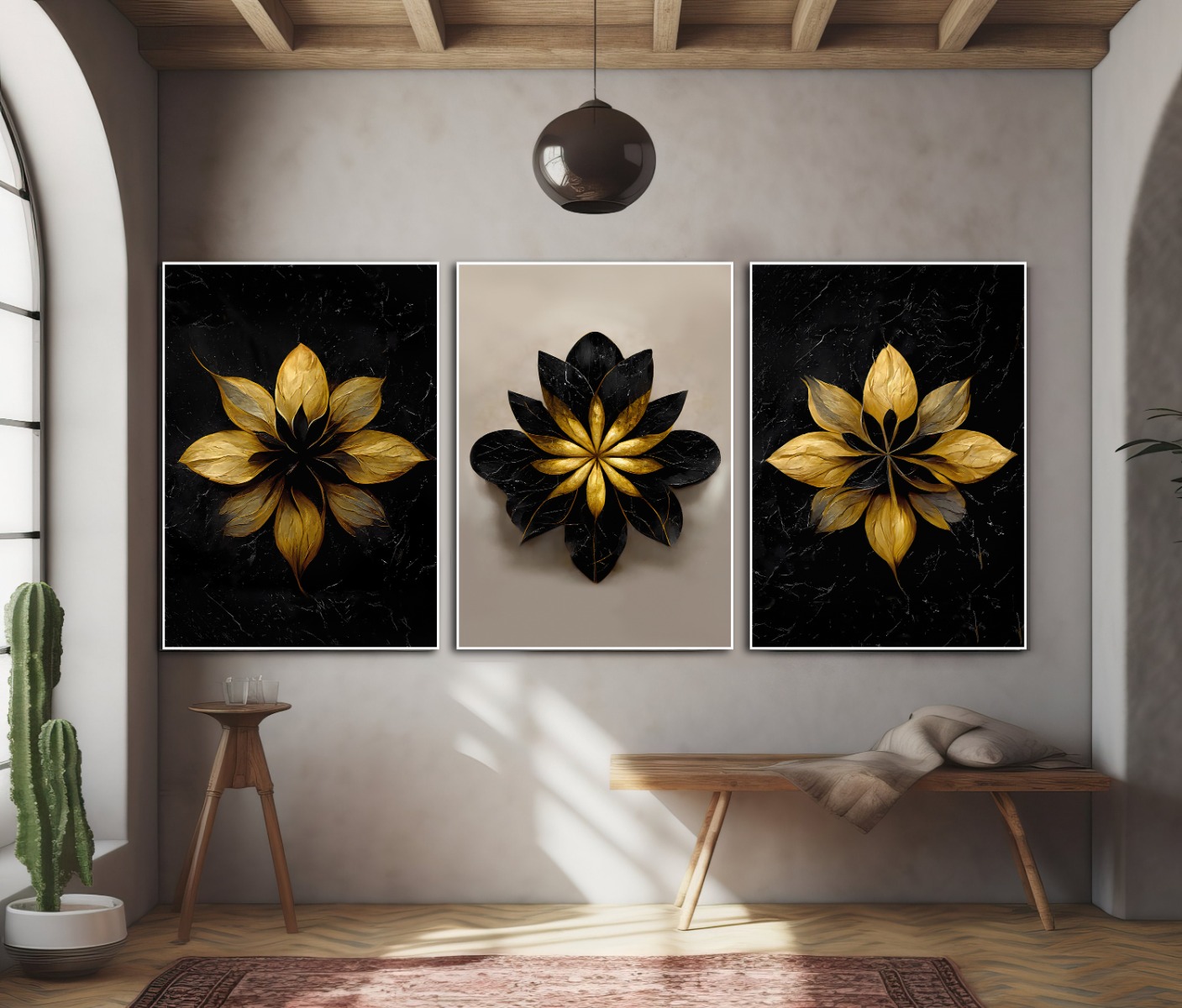 Affiches - Moderne kunst / Bladeren goud en zwart / Set van 3