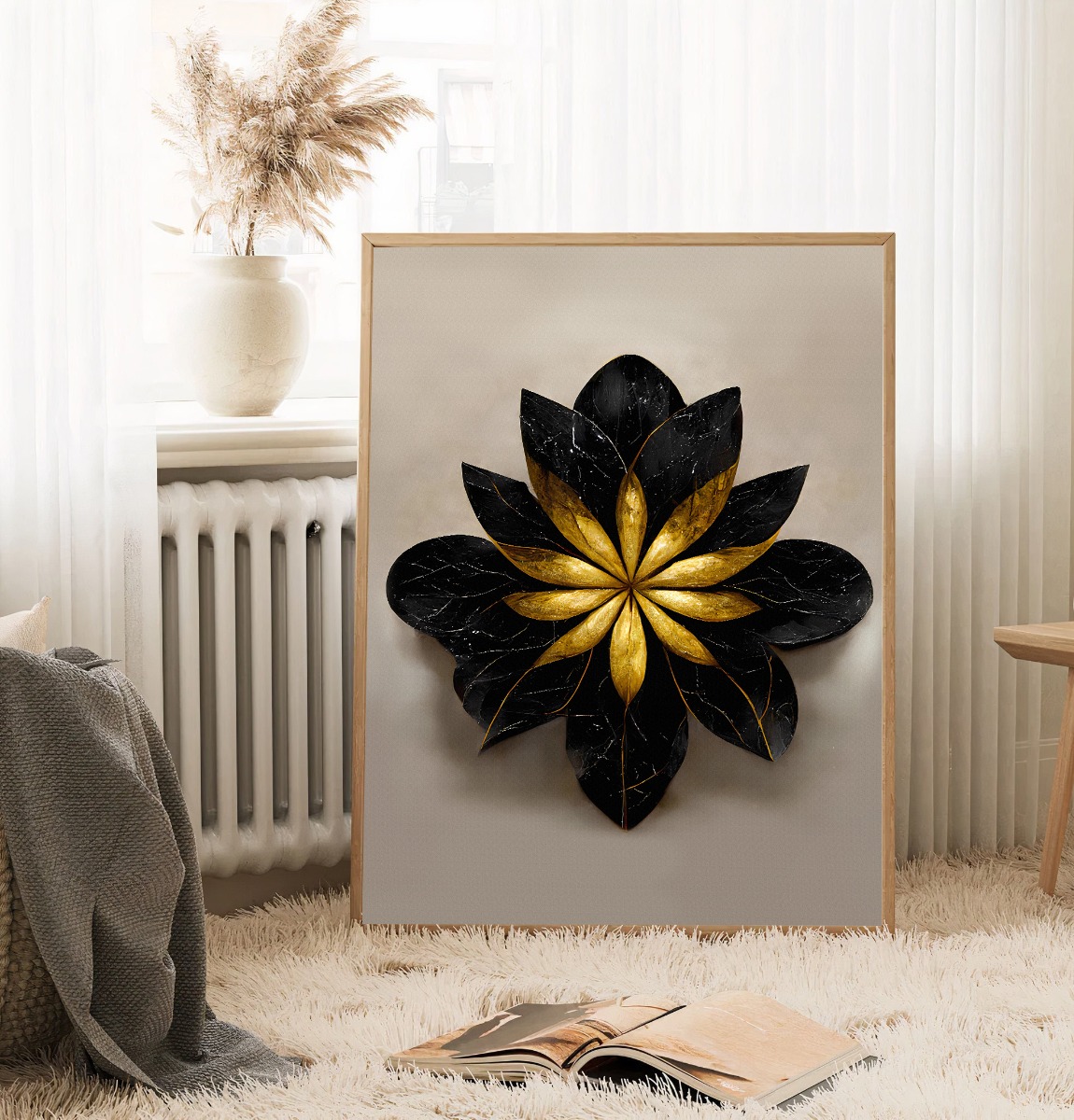 Poster - Moderne Kunst / Bloemen in Zwart en Goud