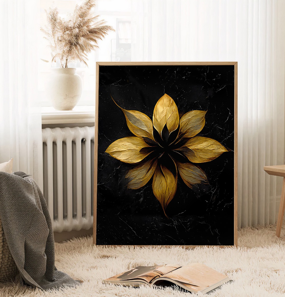 Poster - Moderne Kunst / Bloemen in Zwart en Goud / 02
