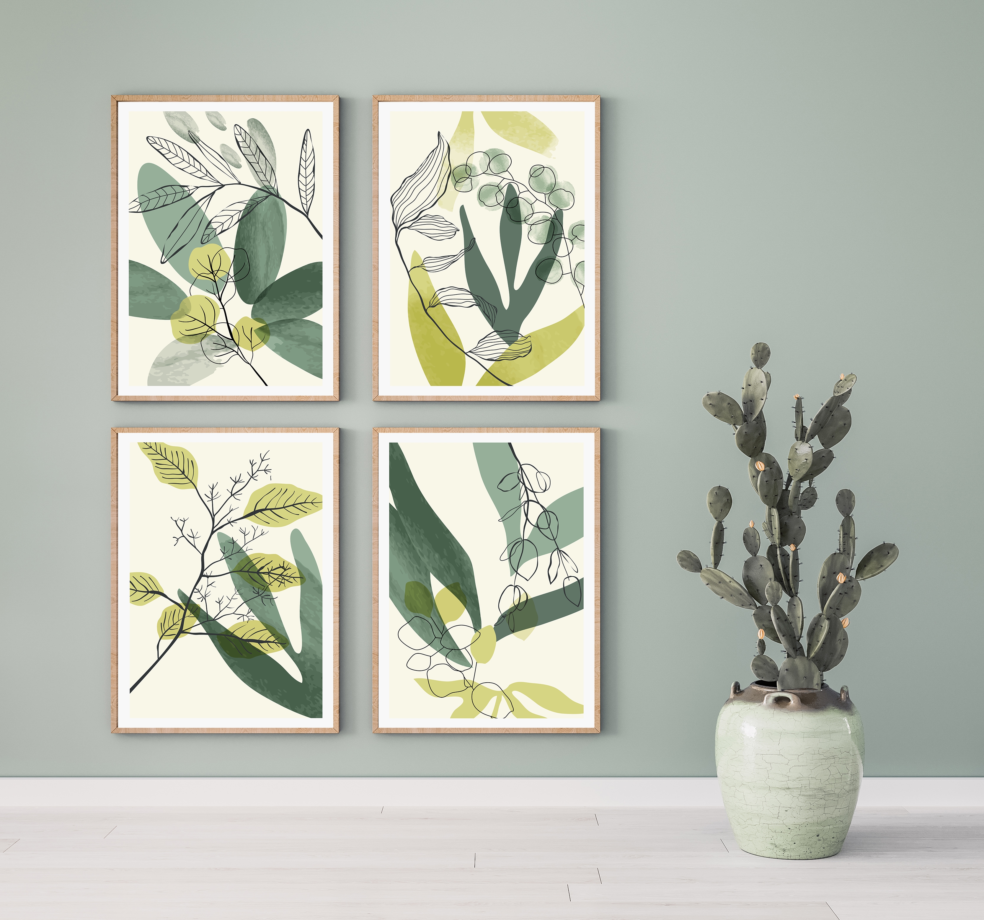 Affiche - Moderne kunst / Bladeren Groen en Geel / Set van 4