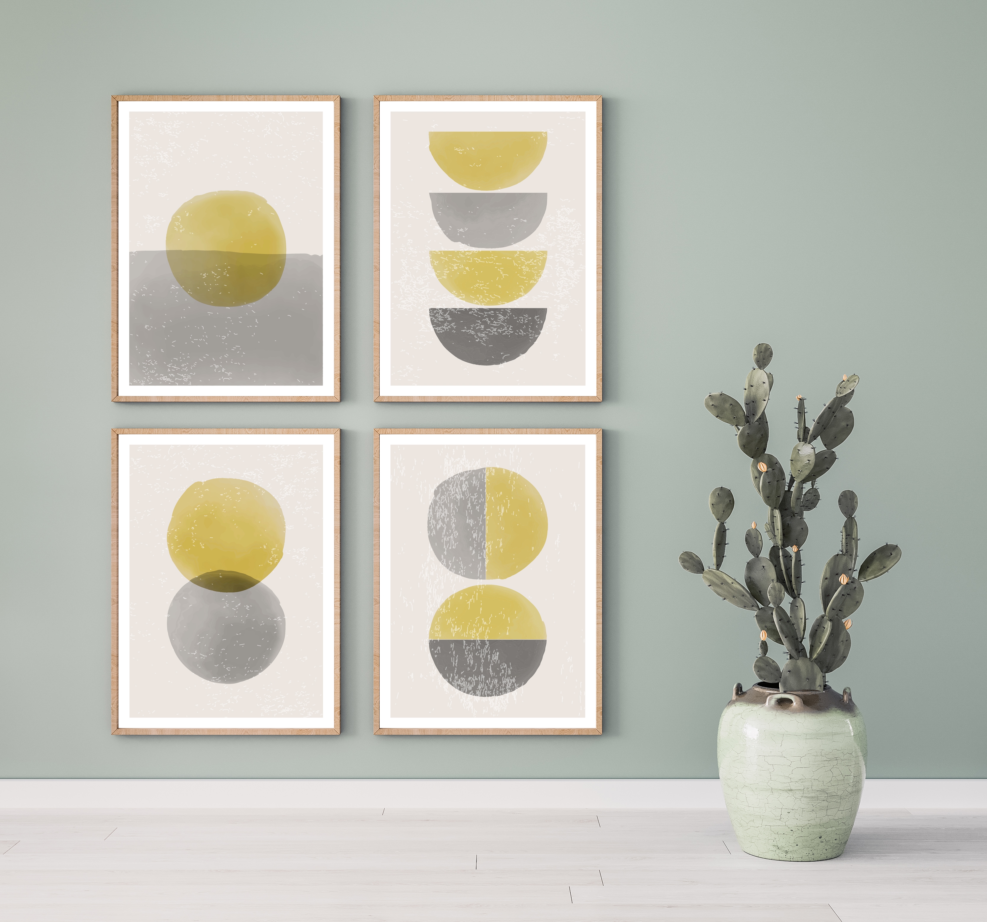 Affiche - Moderne kunst / Geel en grijs / Set van 4