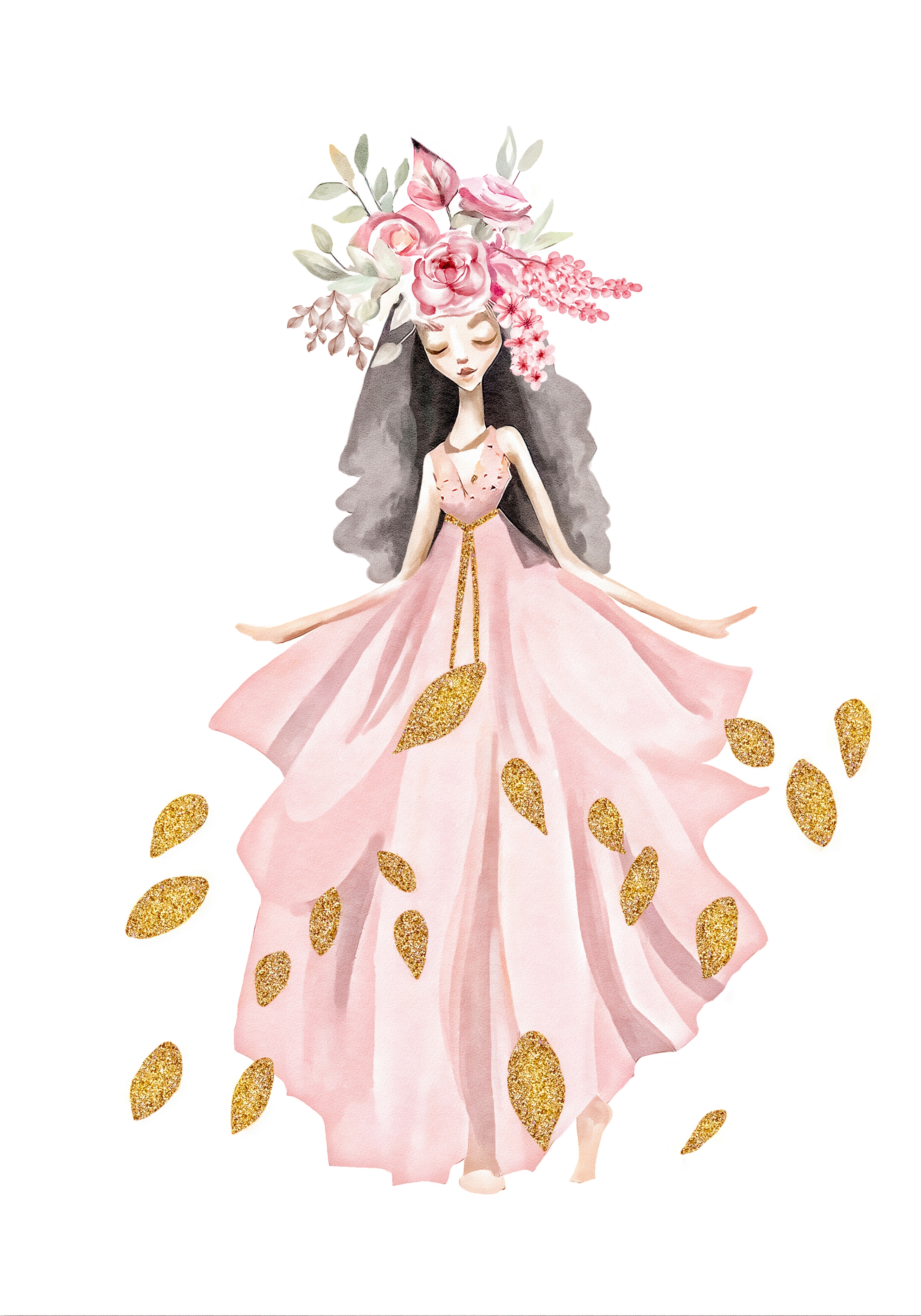 Affiche- Meisje met Bloemen / Roze