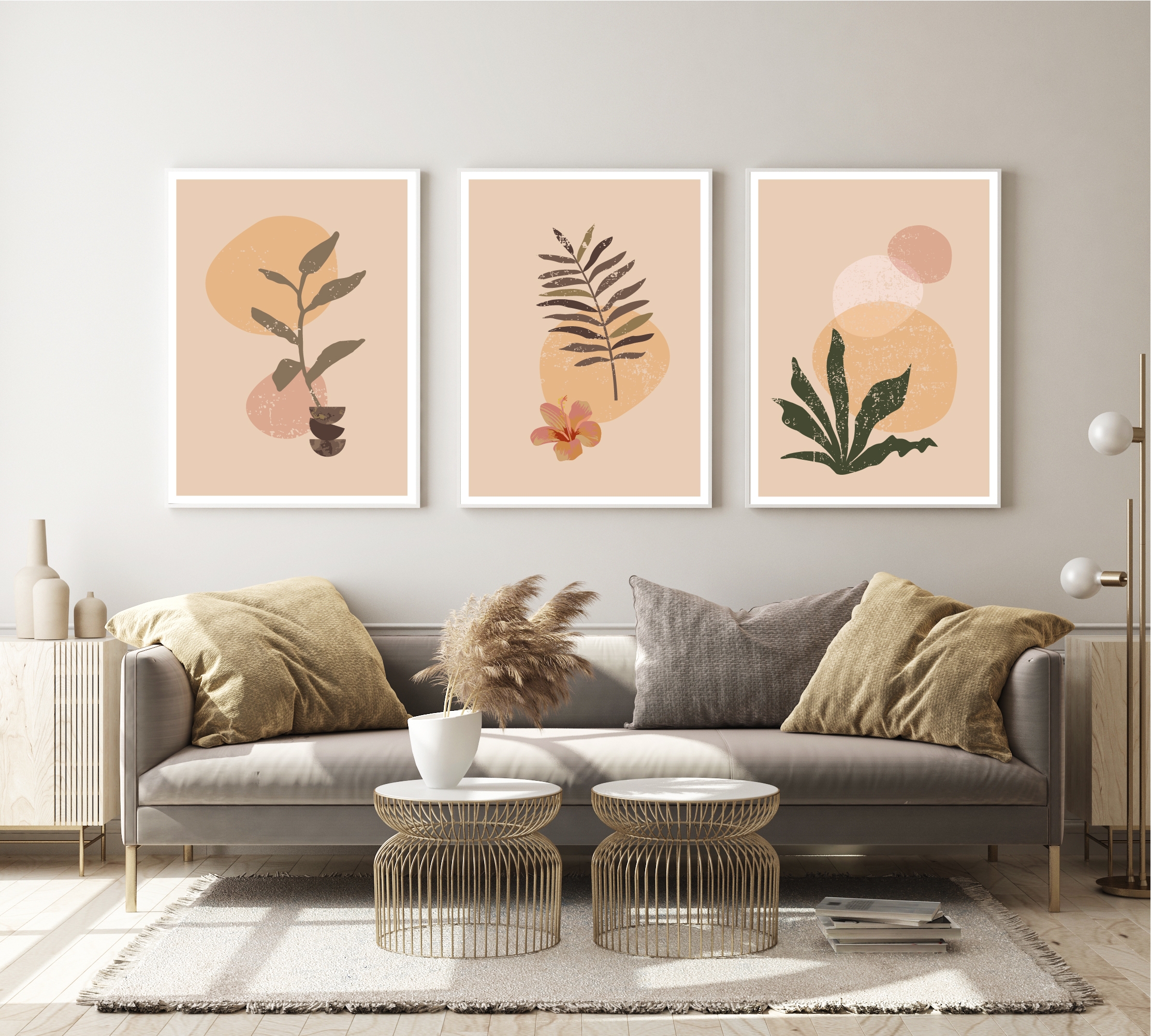 Affiches - Moderne kunst / Hibiscus en Bladeren / Set van 3