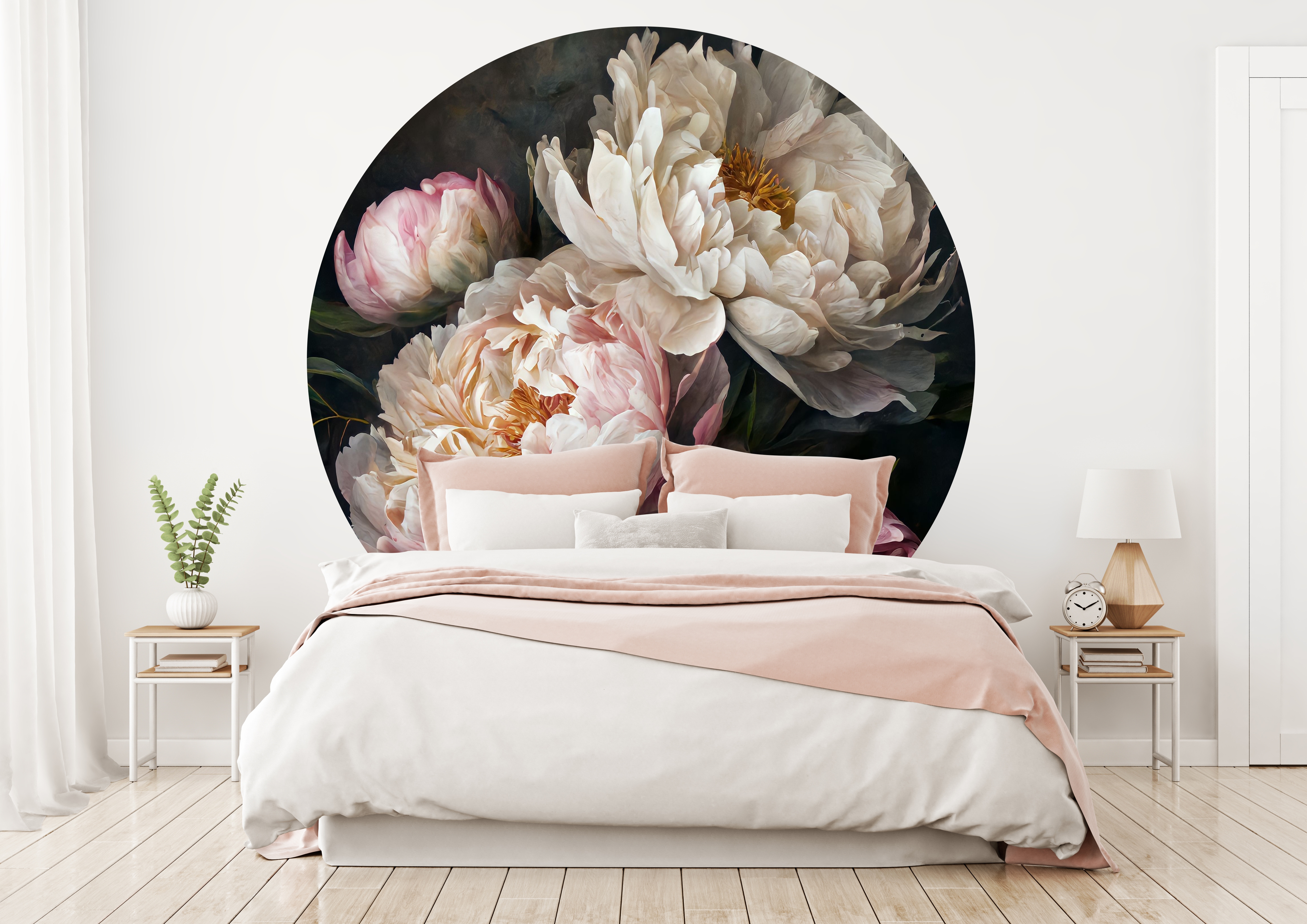 Muurstickers - Roze pioenbloemen / Cirkel