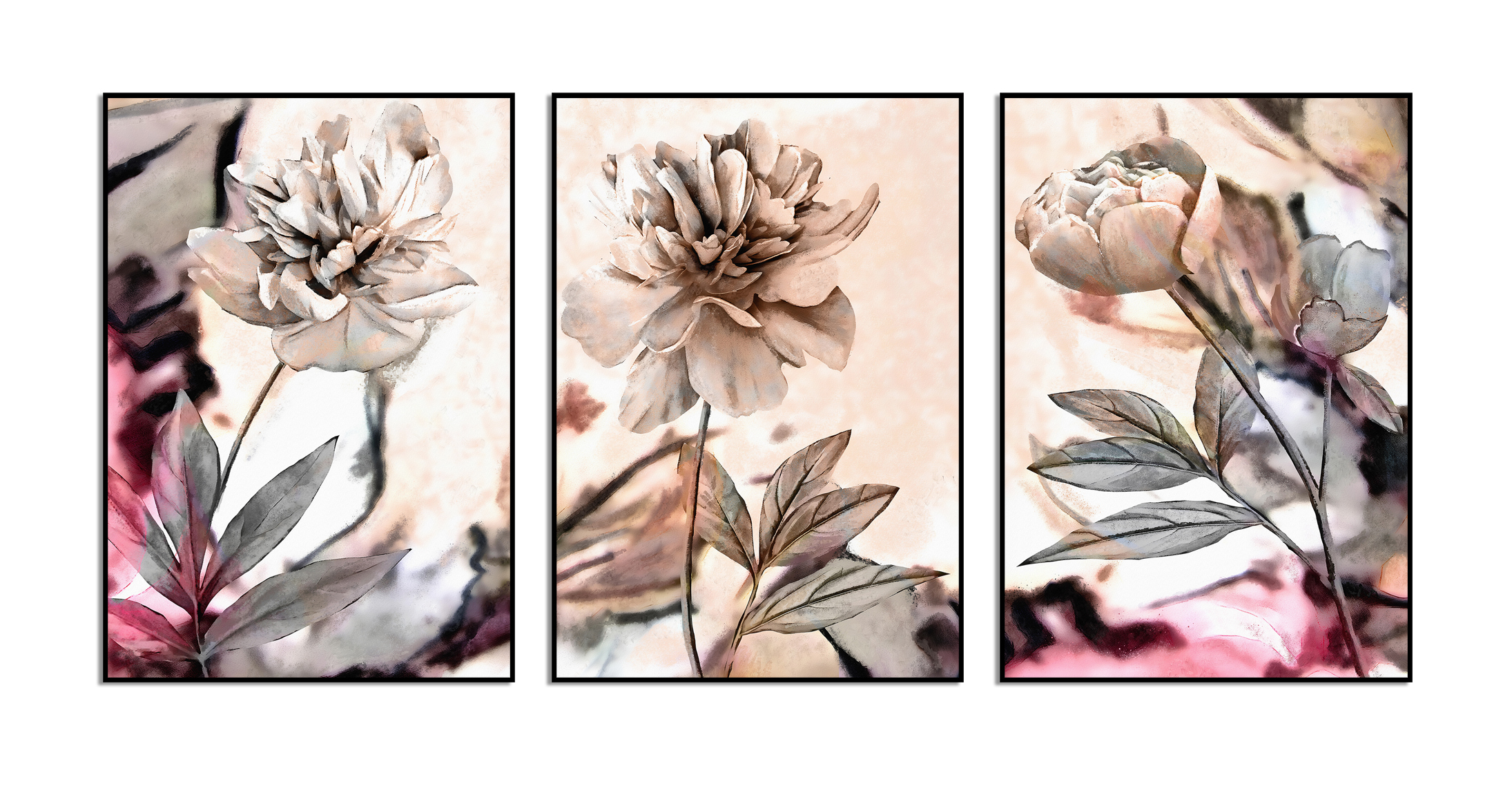 Posters -Lichte perzik en witte bloemen / Set van 3