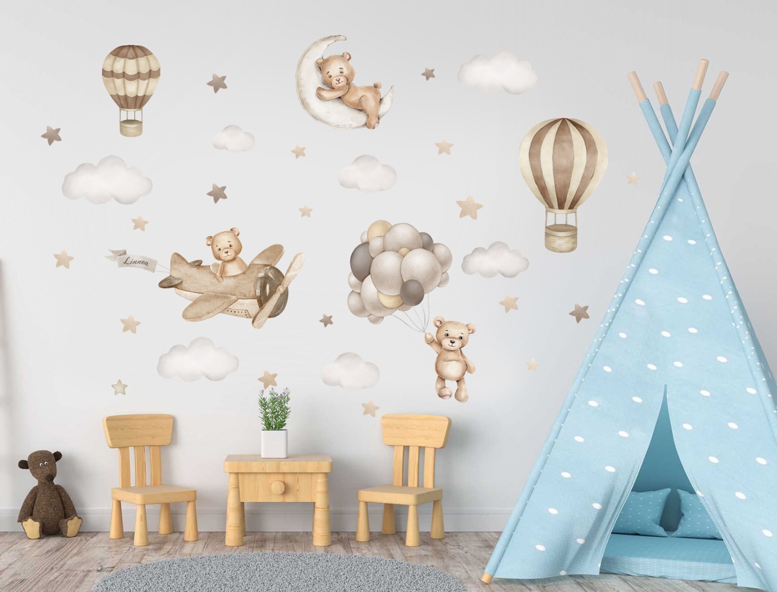 Muursticker - Teddybeer met luchtballonnen en heteluchtballonnen