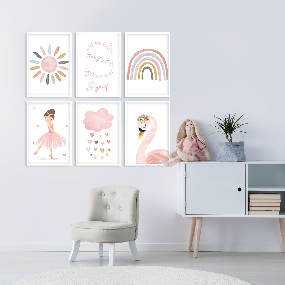 Affiche - Boho kunst / Zon en Zwaan / Gepersonaliseerd / Set van 6