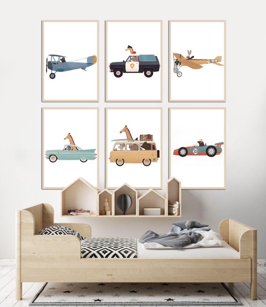 Affiches - Vliegtuig grillige dierenraceauto / Set van 6