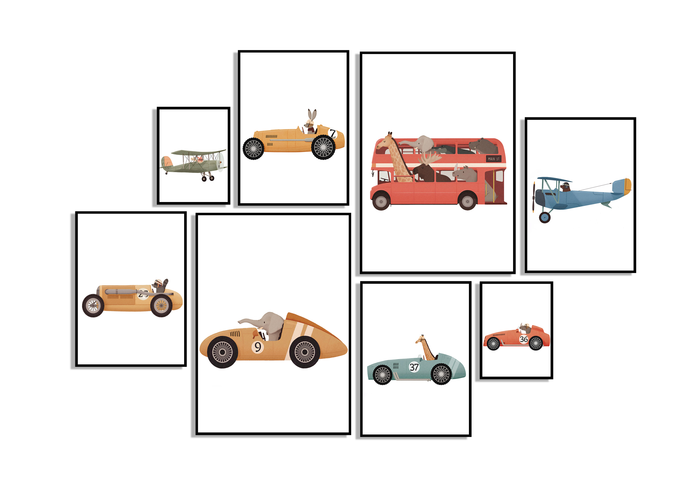 Posters - Vliegtuig grillige dierenraceauto / Set van 8