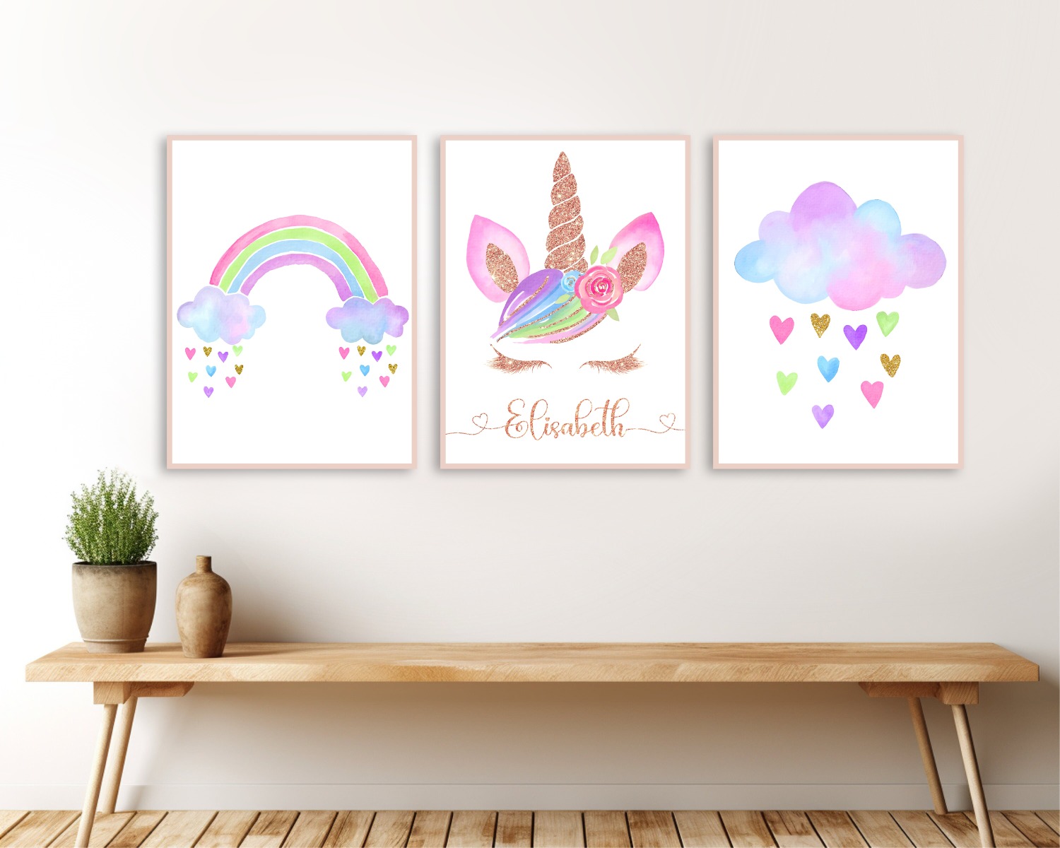 Posters - Gouden Eenhoorn en Harten / Gepersonaliseerd / Set van 3