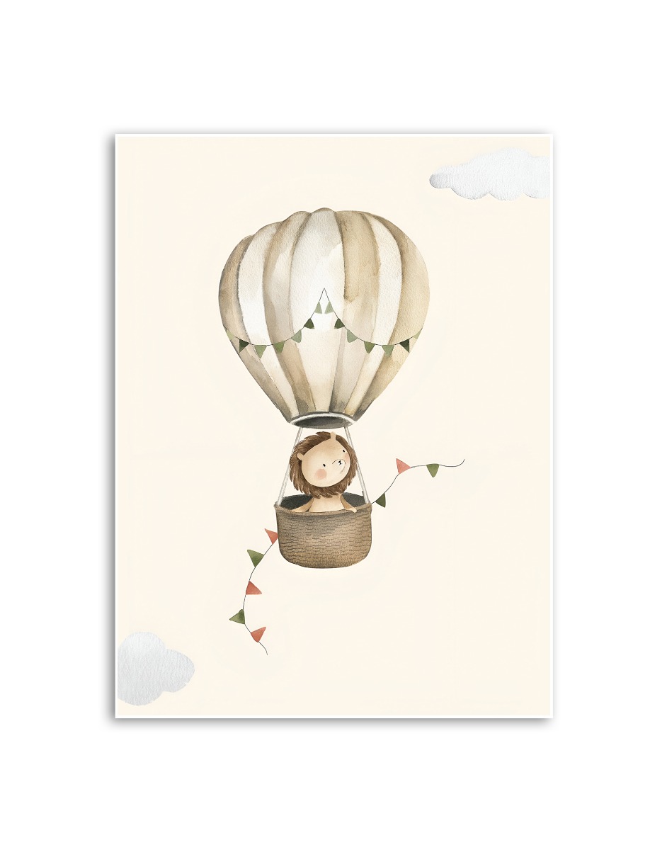 Poster - Leeuw in luchtballon met wolken