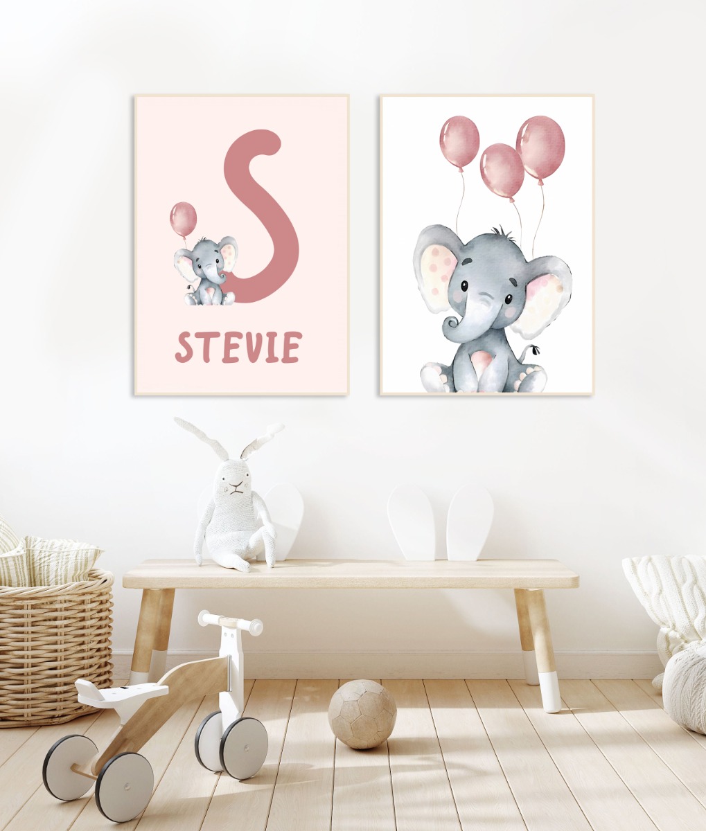 Affiche -Olifant en roze ballonnen / gepersonaliseerd / set van 2