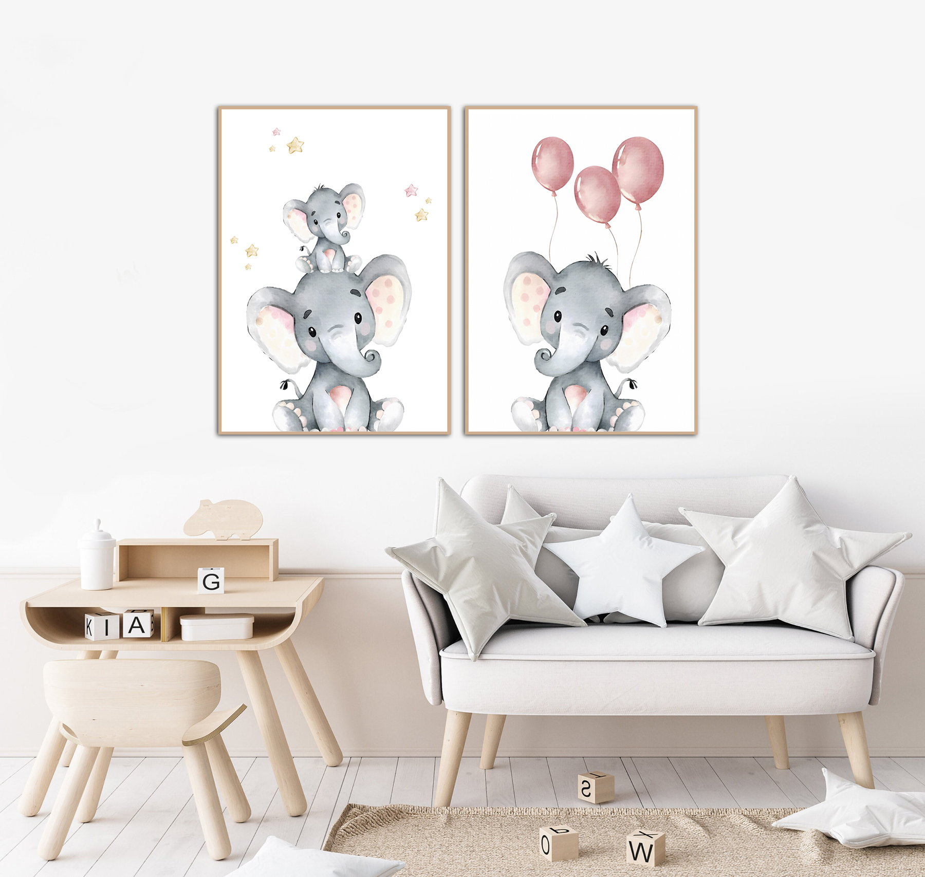 Affiches - Olifanten en roze ballonnen / set van 2