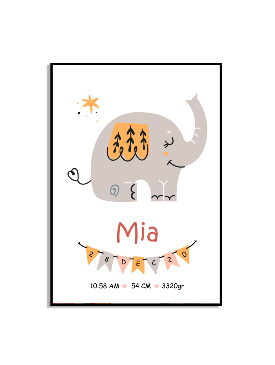Poster - Geboorteposter - Grijze Olifant / Gepersonaliseerd