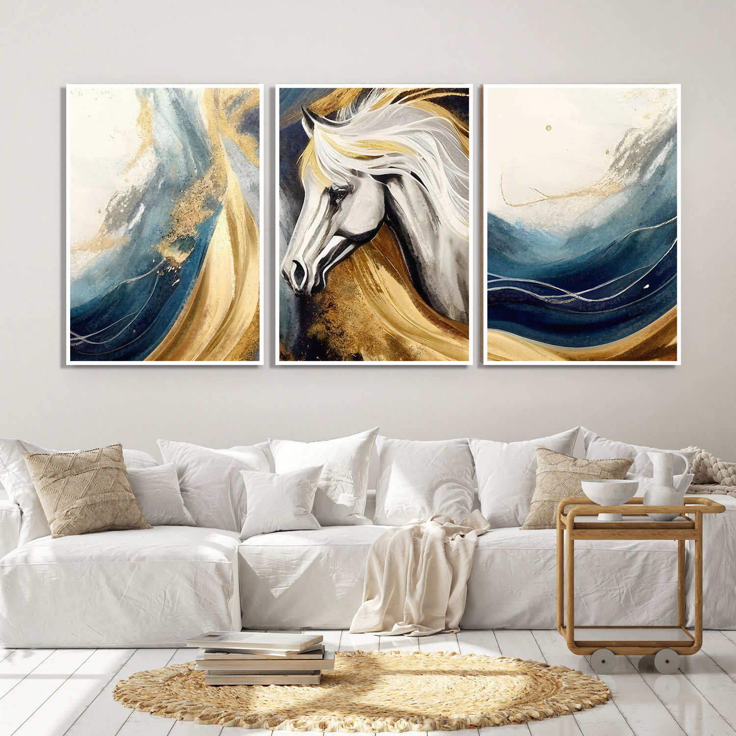 Posters - Paard en gouden golven / Set van 3