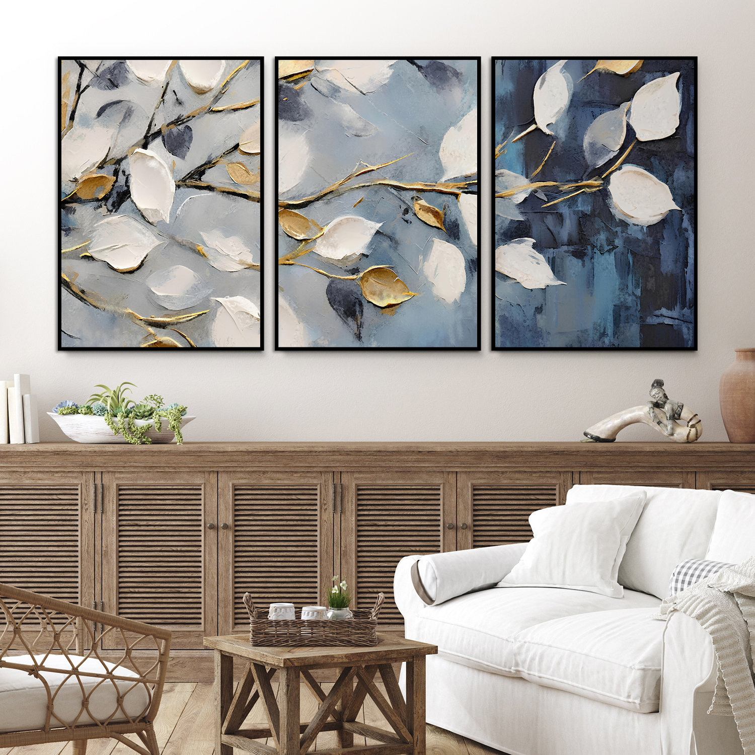 Posters - Witte en gouden bladeren / Set van 3