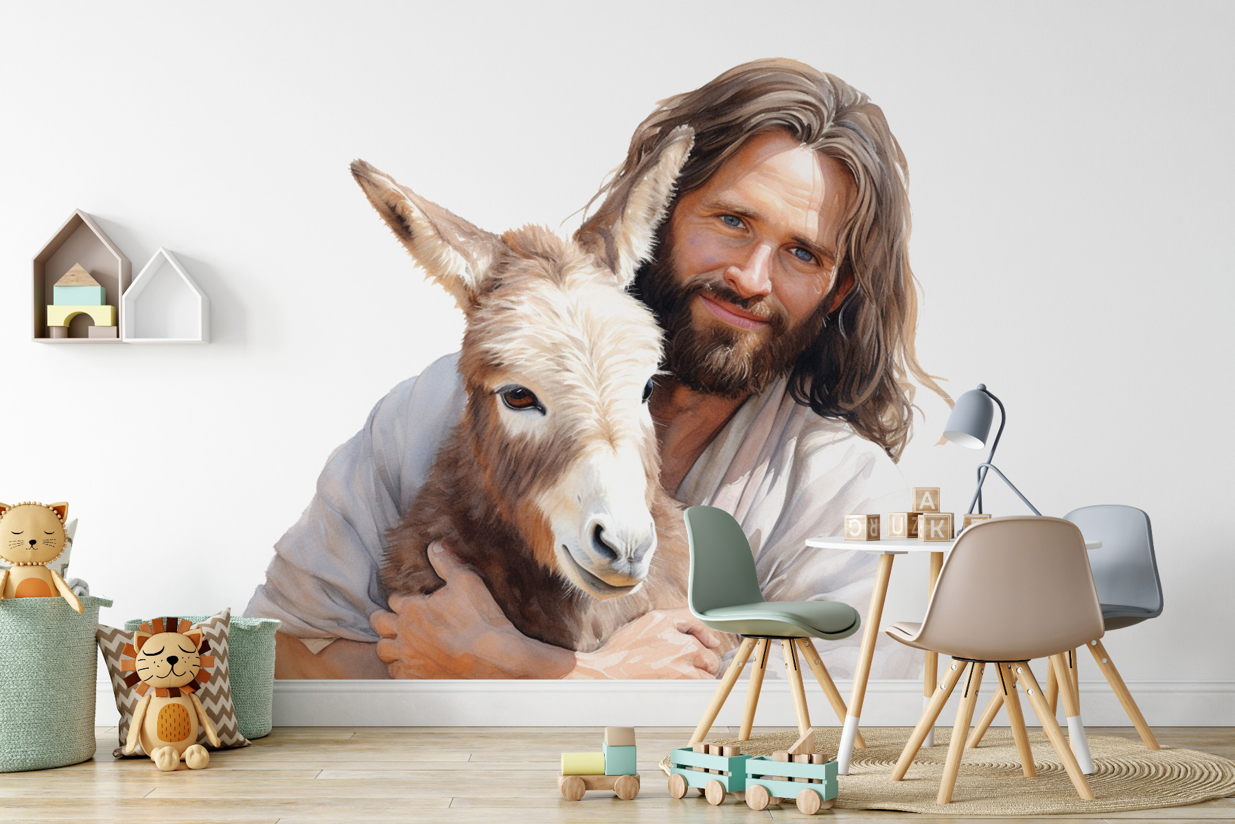 Muursticker - Jezus houdt een ezel vast