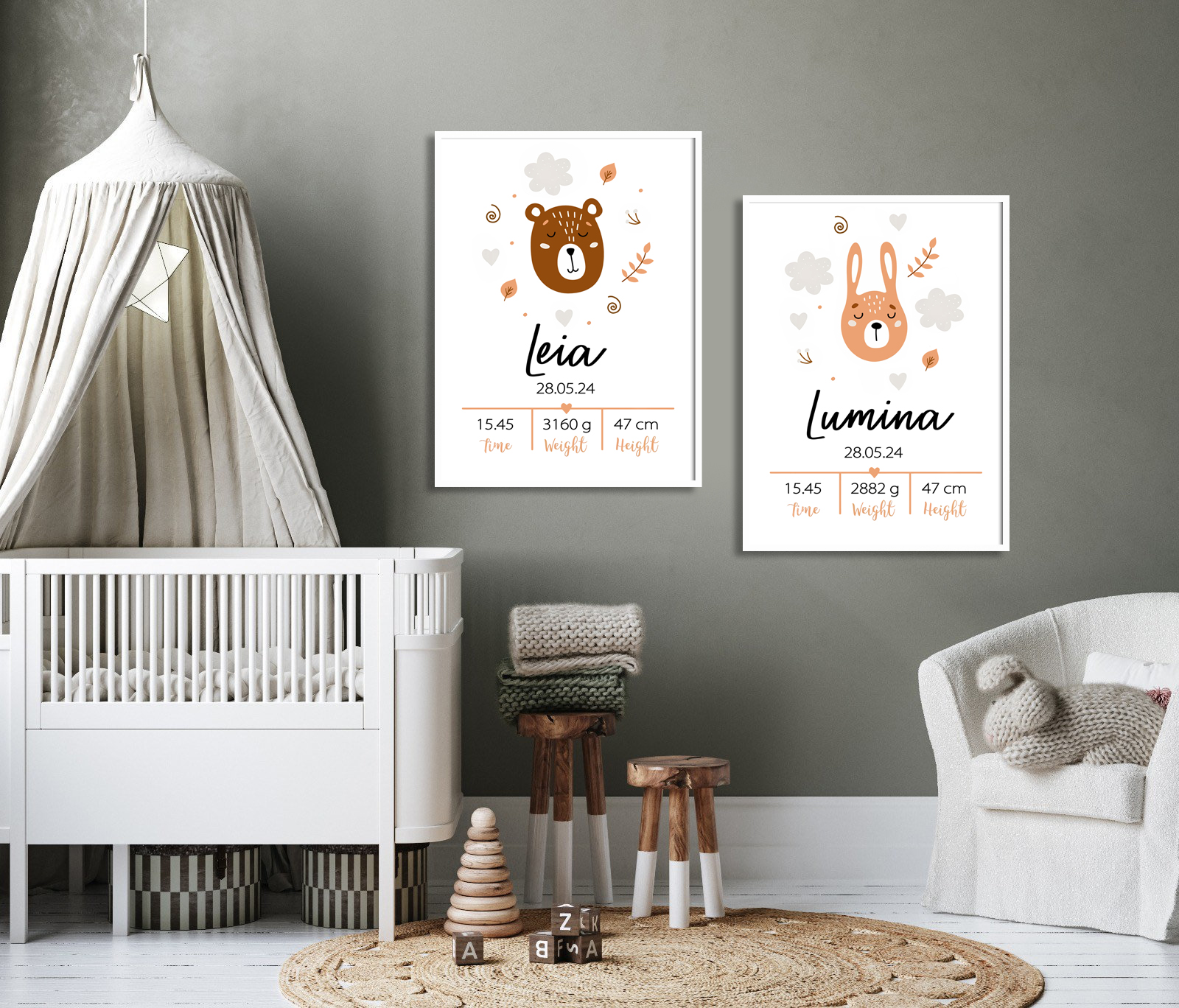 Poster - Geboorteposter / Schattige dieren / Gepersonaliseerd / set van 2
