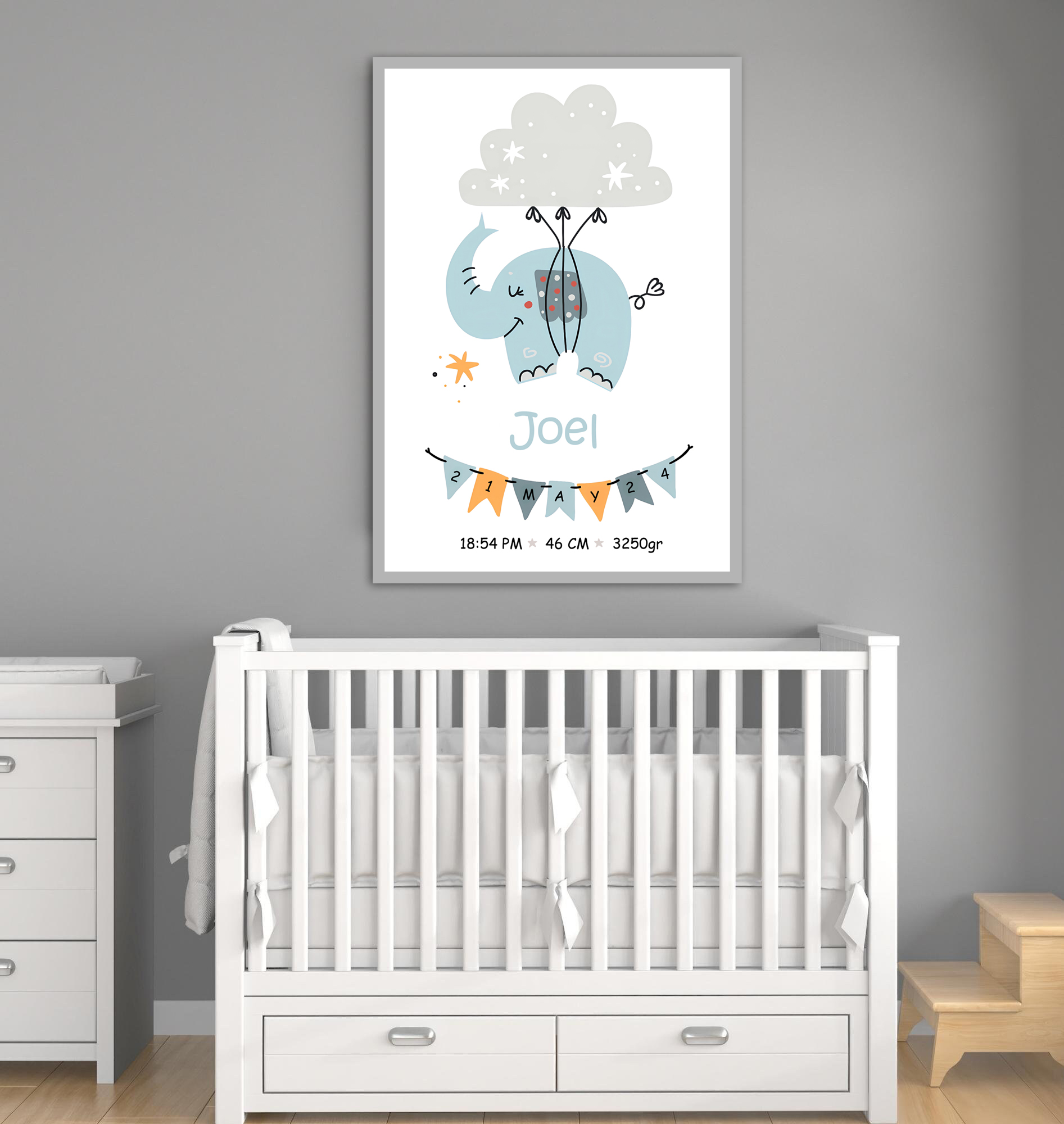 Poster - Geboorteposter - Lachende olifant #02 / Gepersonaliseerd
