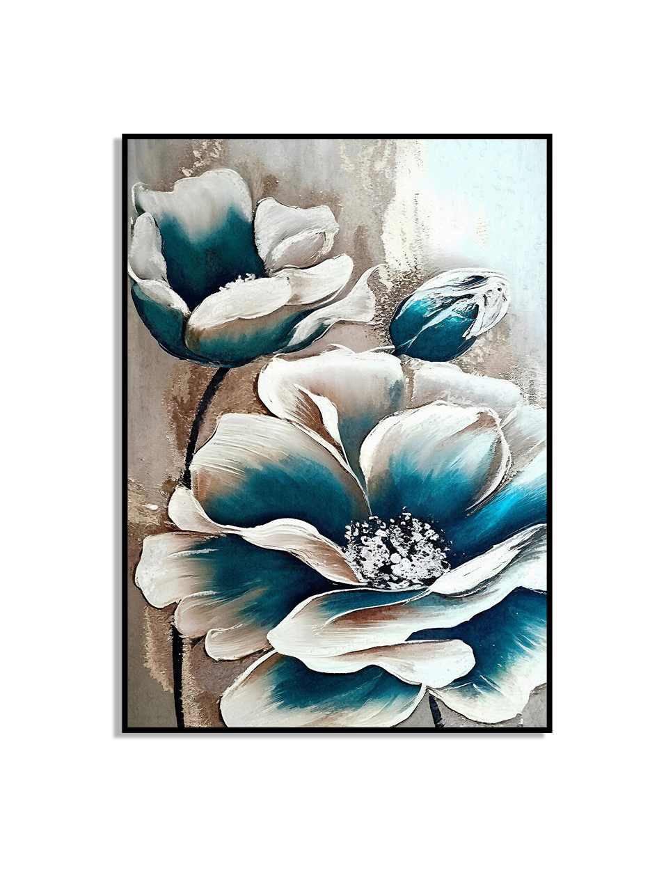 Affiche - Witte en blauwgroen blauwe bloemen