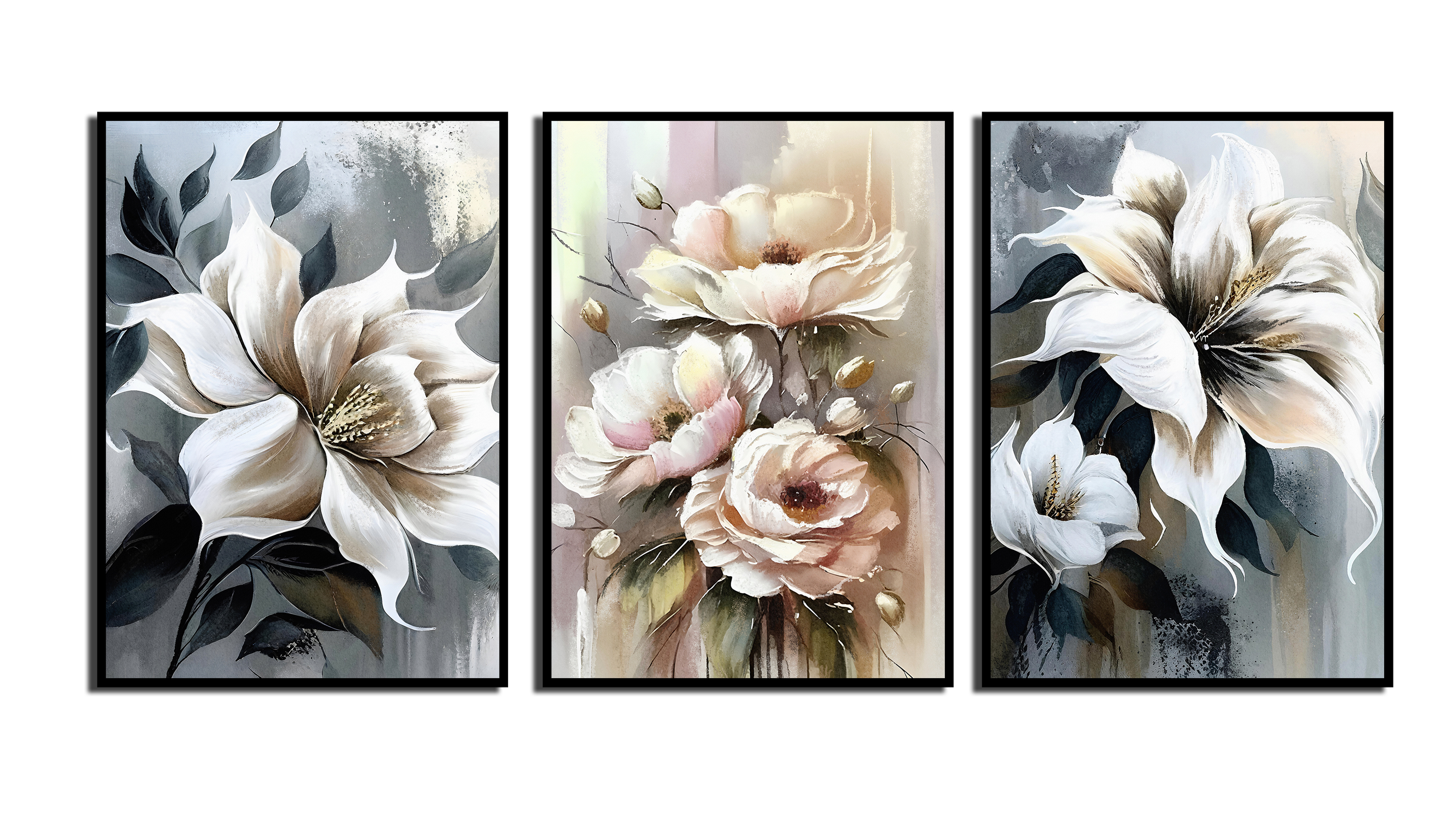 Posters - Moderne kunst - Witte bloeiende bloemen / Set van 3