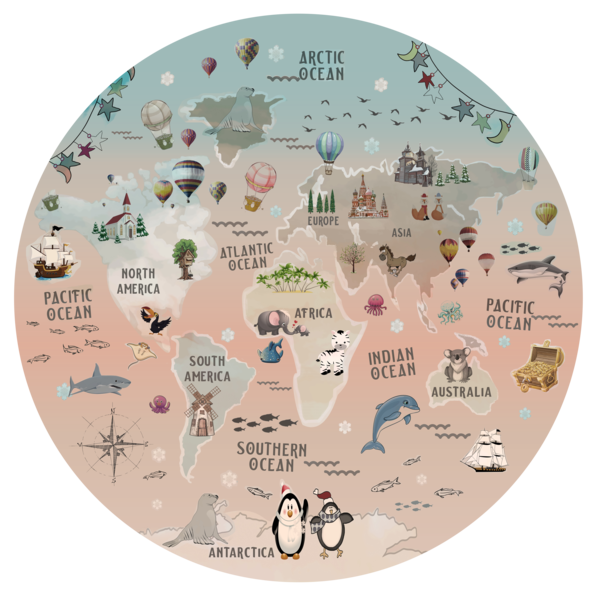 Muurstickers - Wereldkaart met dieren en windmolen