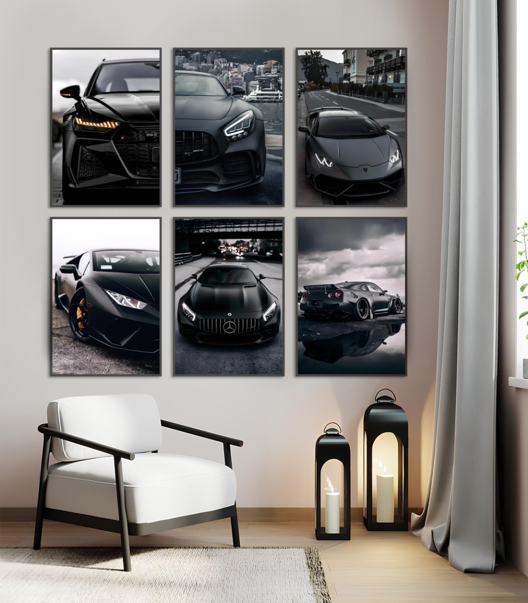 Affiches - Zwarte auto in industriële stijl / Set van 6